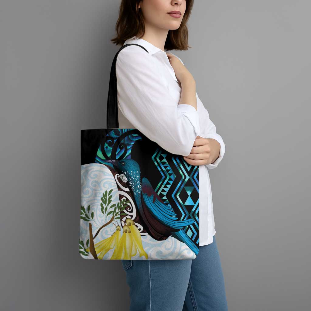 New Zealand Silver Fern Tui Bird Tote Bag Maori Kowhai Paua Shell Taniko Motifs LT14 - Polynesian Pride