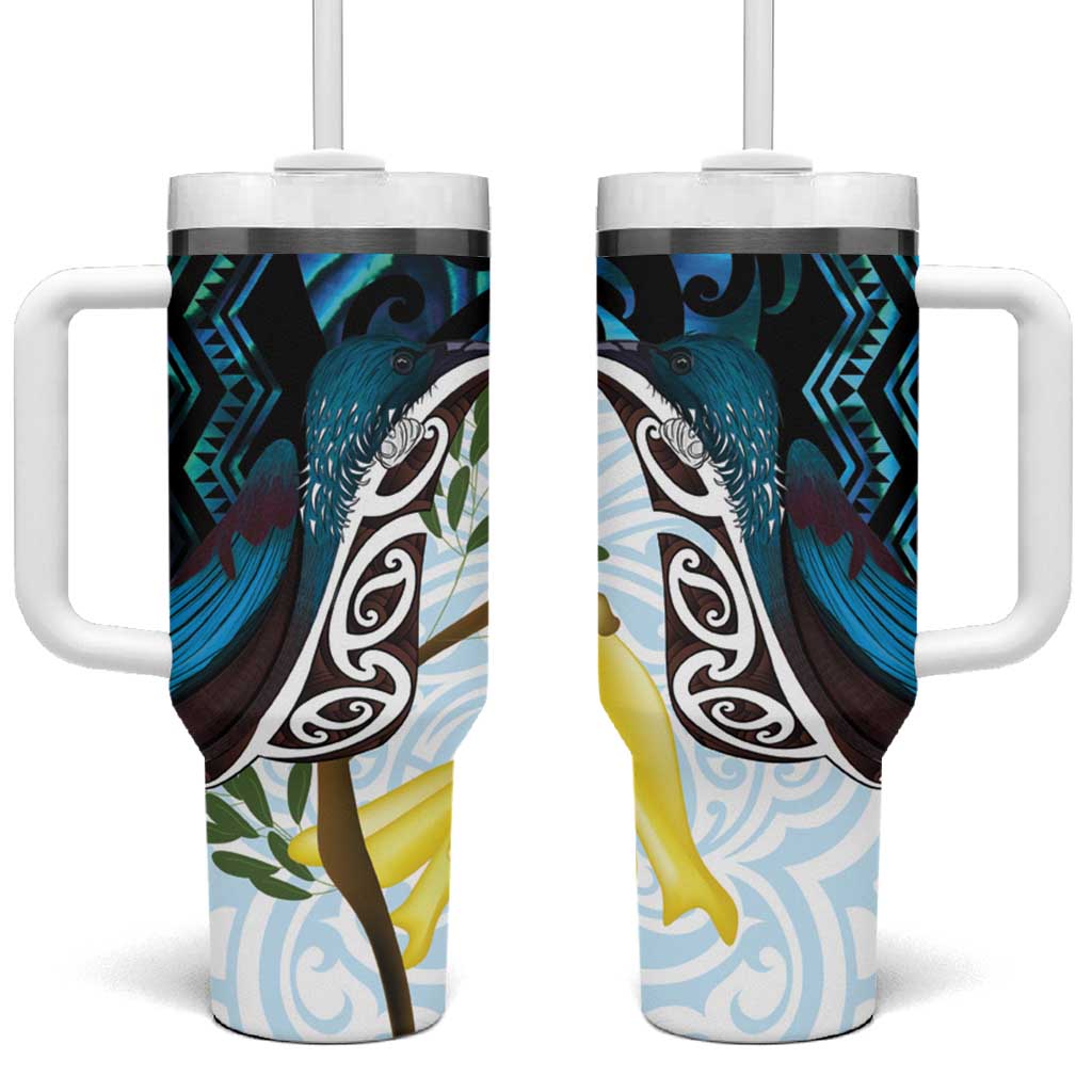 New Zealand Silver Fern Tui Bird Tumbler With Handle Maori Kowhai Paua Shell Taniko Motifs LT14 One Size: 40 oz Turquoise - Polynesian Pride
