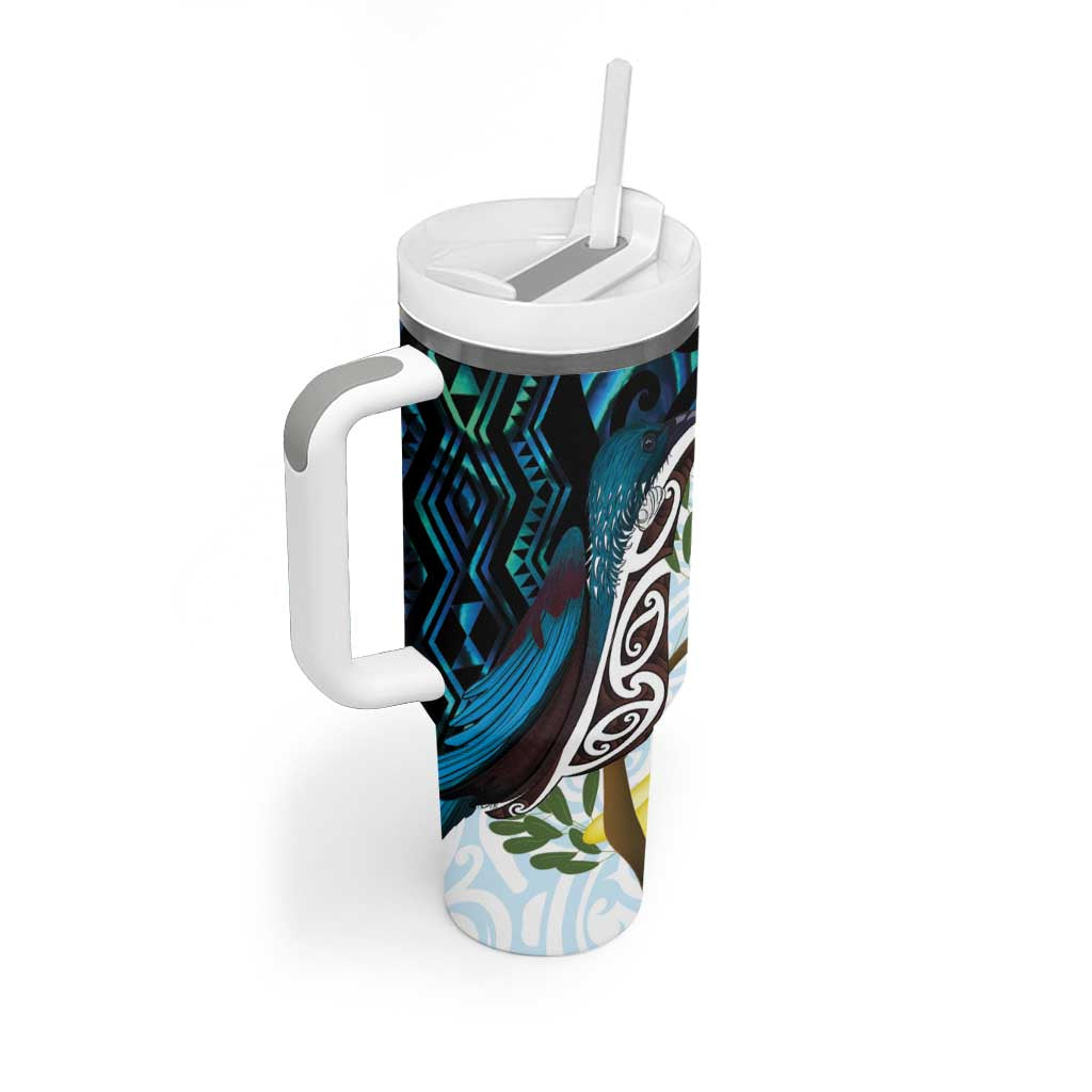 New Zealand Silver Fern Tui Bird Tumbler With Handle Maori Kowhai Paua Shell Taniko Motifs LT14 - Polynesian Pride