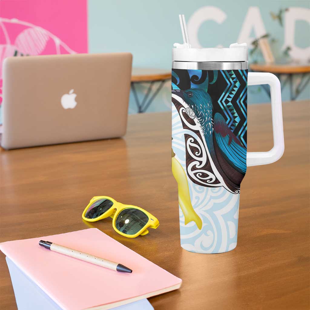 New Zealand Silver Fern Tui Bird Tumbler With Handle Maori Kowhai Paua Shell Taniko Motifs LT14 - Polynesian Pride
