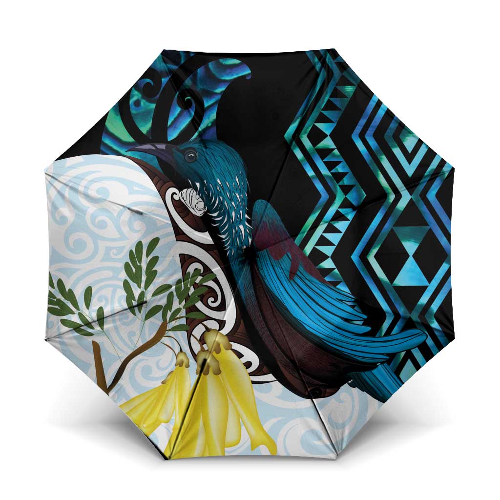 New Zealand Silver Fern Tui Bird Umbrella Maori Kowhai Paua Shell Taniko Motifs LT14 One Size Folded 11.42 inch Opened Diameter 37.4 inch Turquoise - Polynesian Pride