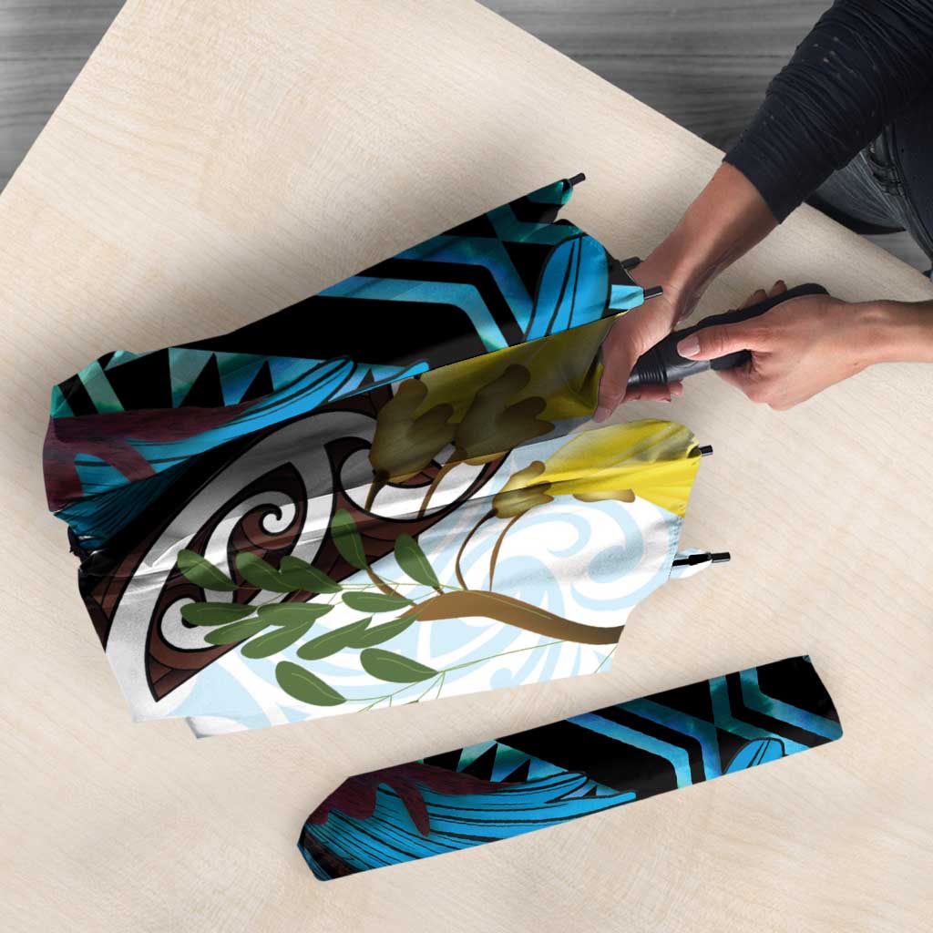 New Zealand Silver Fern Tui Bird Umbrella Maori Kowhai Paua Shell Taniko Motifs LT14 - Polynesian Pride