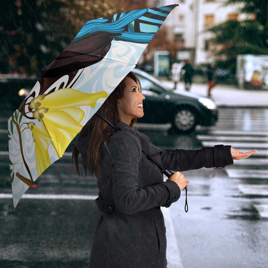 New Zealand Silver Fern Tui Bird Umbrella Maori Kowhai Paua Shell Taniko Motifs LT14 - Polynesian Pride
