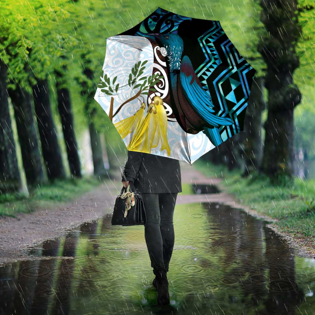 New Zealand Silver Fern Tui Bird Umbrella Maori Kowhai Paua Shell Taniko Motifs LT14 - Polynesian Pride