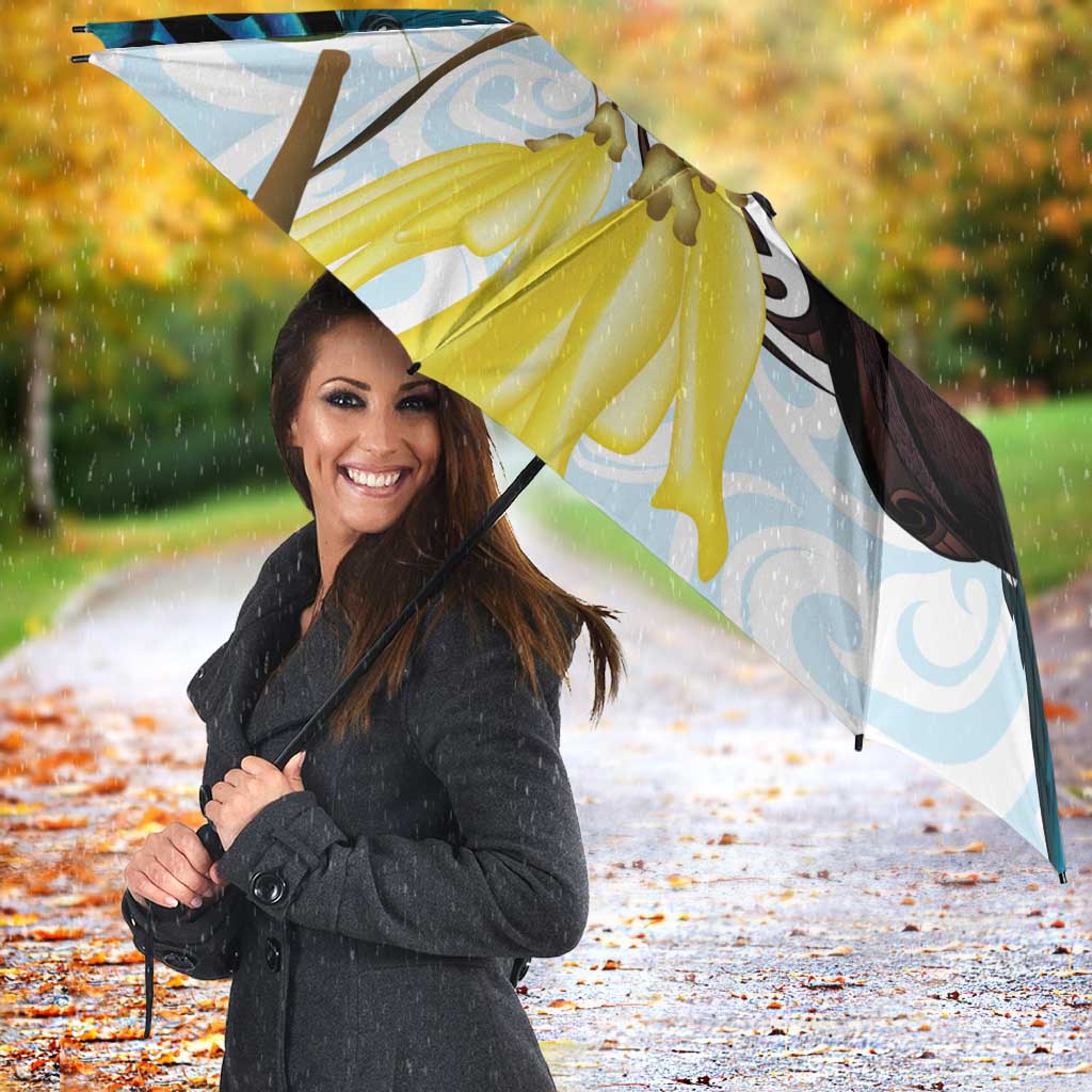 New Zealand Silver Fern Tui Bird Umbrella Maori Kowhai Paua Shell Taniko Motifs LT14 - Polynesian Pride