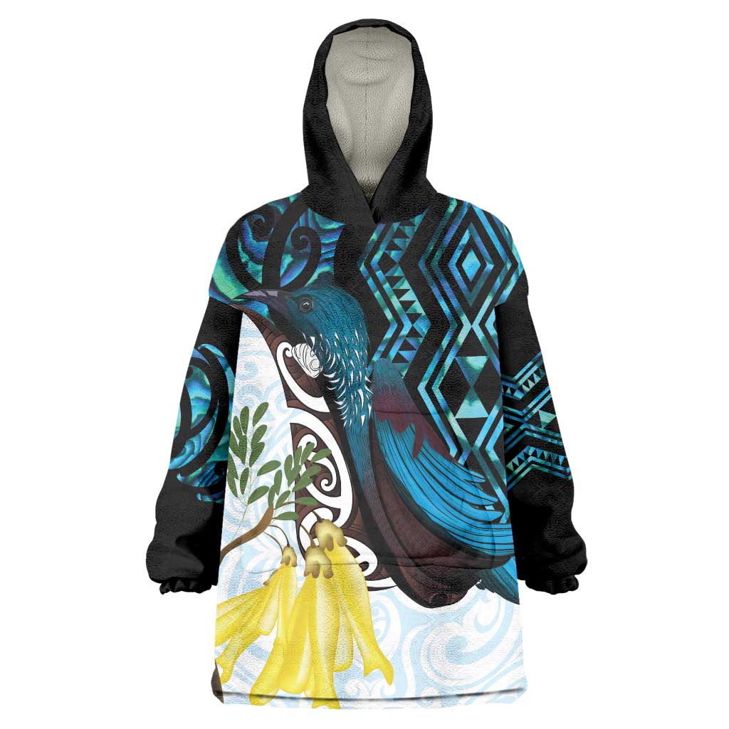 New Zealand Silver Fern Tui Bird Wearable Blanket Hoodie Maori Kowhai Paua Shell Taniko Motifs LT14 One Size Turquoise - Polynesian Pride
