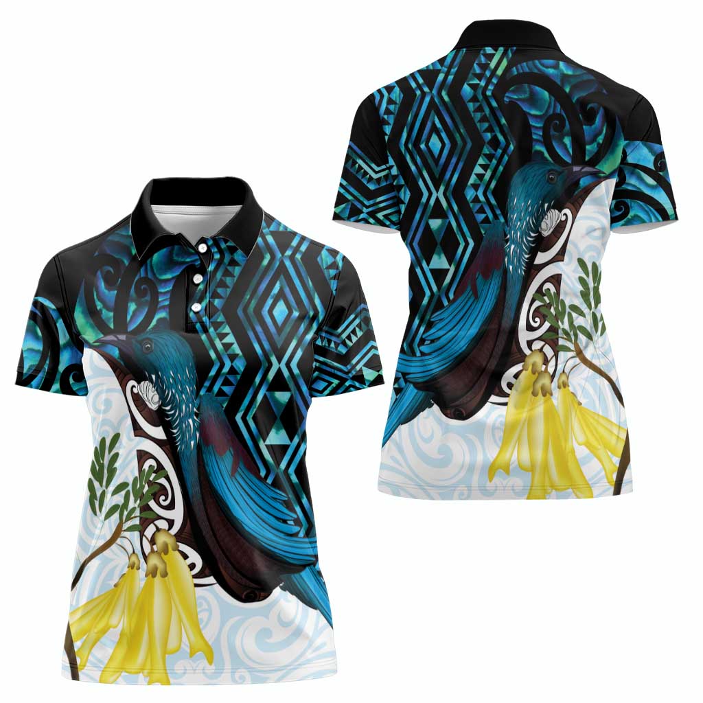 New Zealand Silver Fern Tui Bird Women Polo Shirt Maori Kowhai Paua Shell Taniko Motifs LT14 - Polynesian Pride