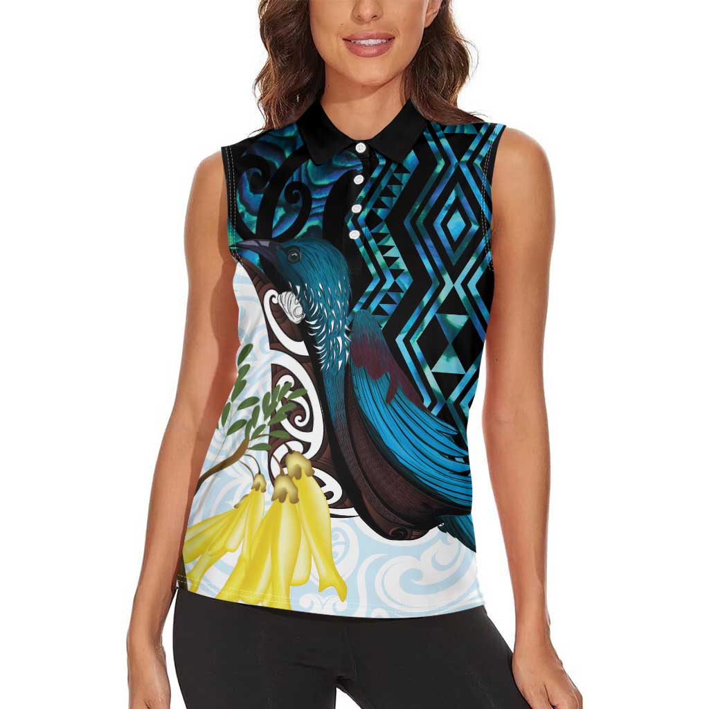 New Zealand Silver Fern Tui Bird Women Sleeveless Polo Shirt Maori Kowhai Paua Shell Taniko Motifs LT14 - Polynesian Pride