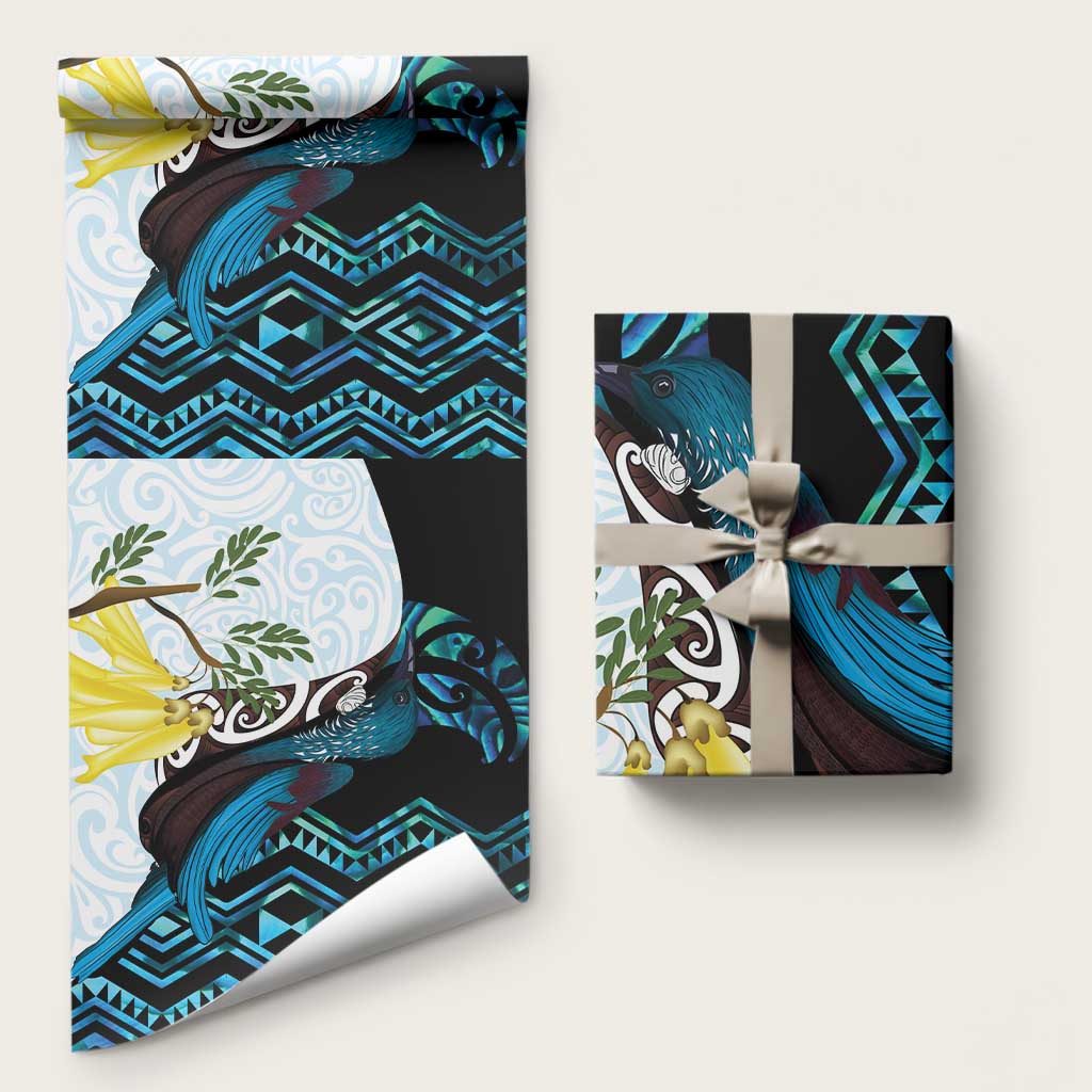 New Zealand Silver Fern Tui Bird Wrapping Paper Maori Kowhai Paua Shell Taniko Motifs LT14 58" × 23" Turquoise - Polynesian Pride