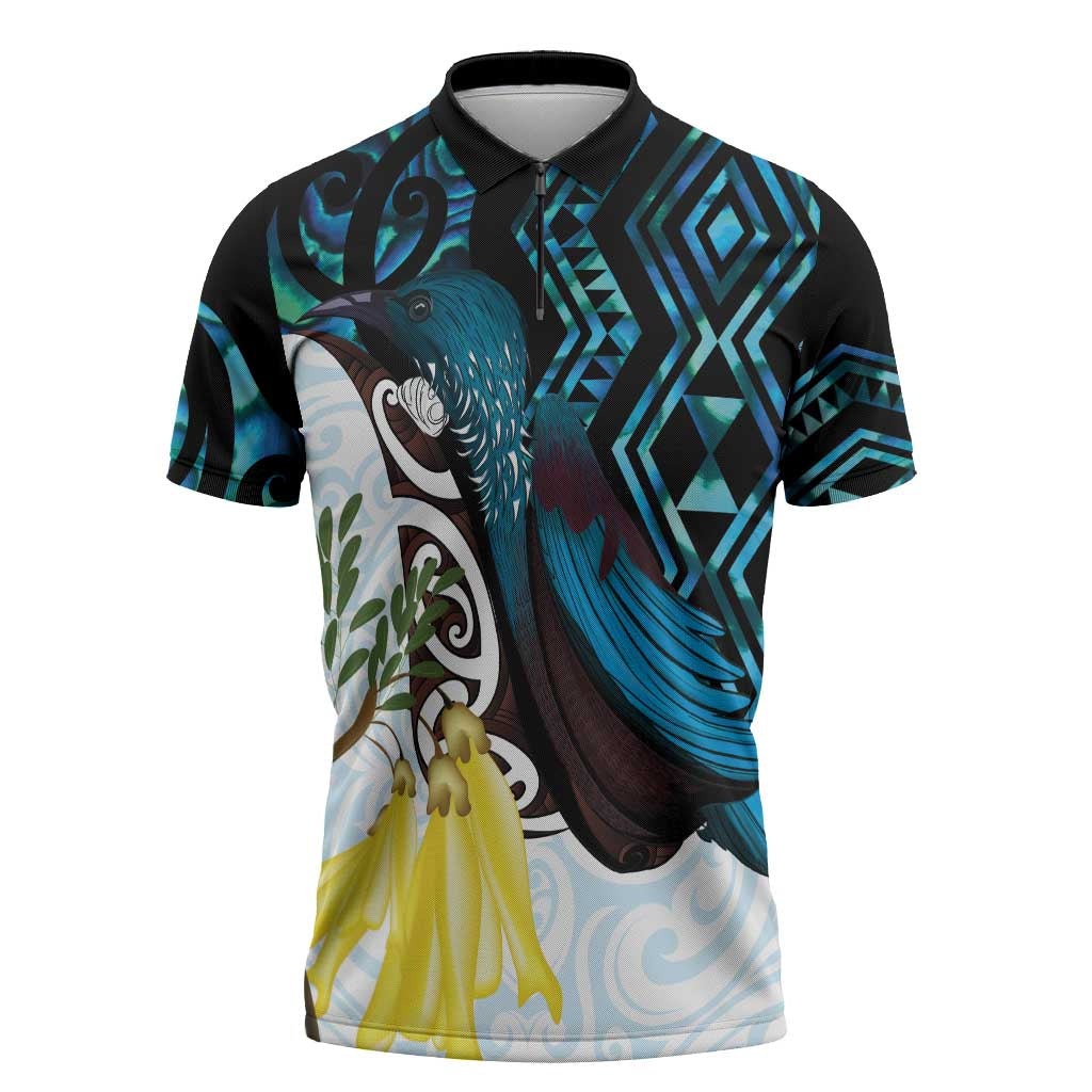 New Zealand Silver Fern Tui Bird Zipper Polo Shirt Maori Kowhai Paua Shell Taniko Motifs - Polynesian Pride