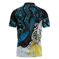 New Zealand Silver Fern Tui Bird Zipper Polo Shirt Maori Kowhai Paua Shell Taniko Motifs - Polynesian Pride