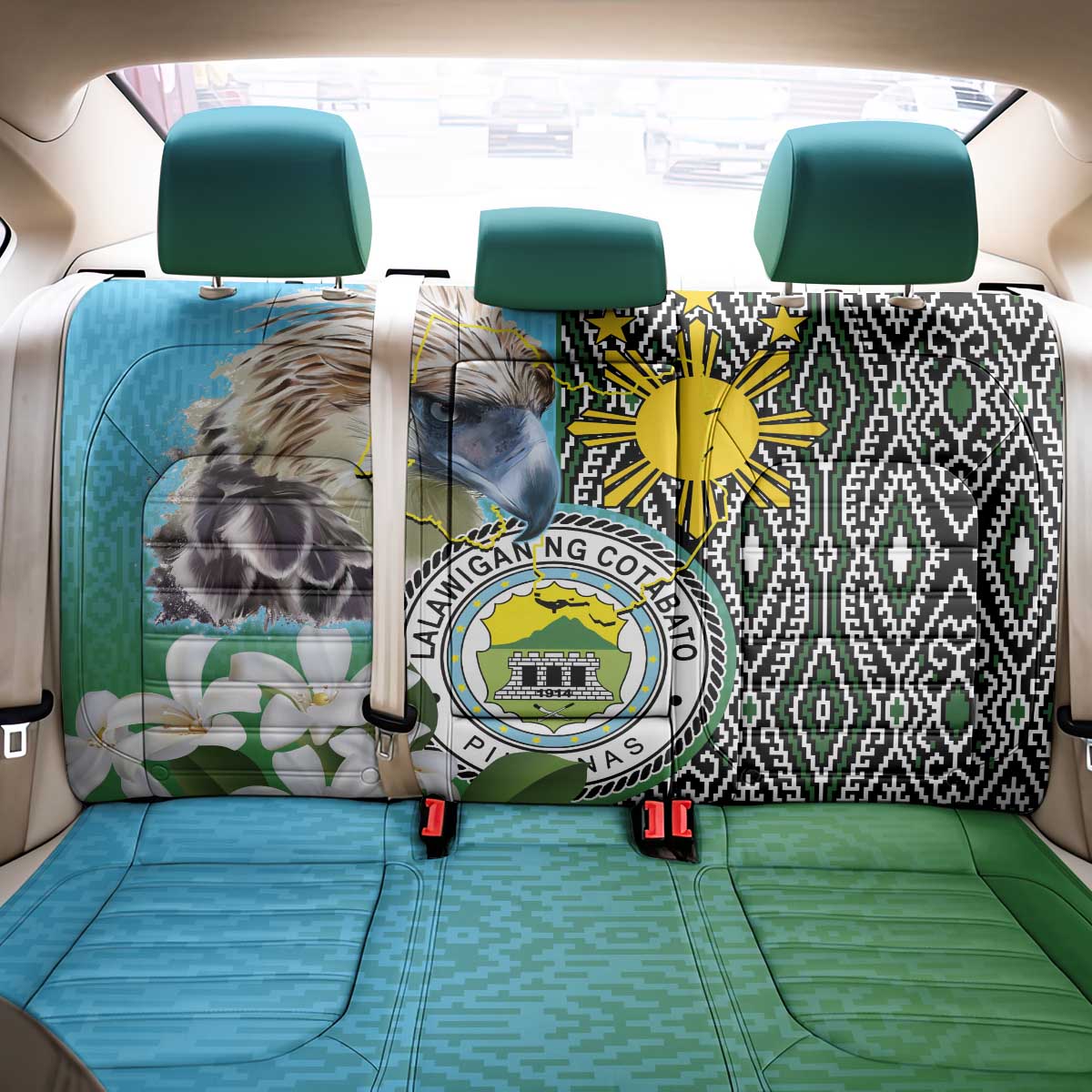 Cotabato Philippines Province Back Car Seat Cover Filipino Eagle Sampaguita Tinalak Pattern LT14 - Polynesian Pride