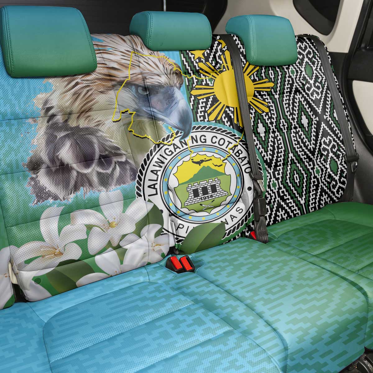 Cotabato Philippines Province Back Car Seat Cover Filipino Eagle Sampaguita Tinalak Pattern LT14 - Polynesian Pride
