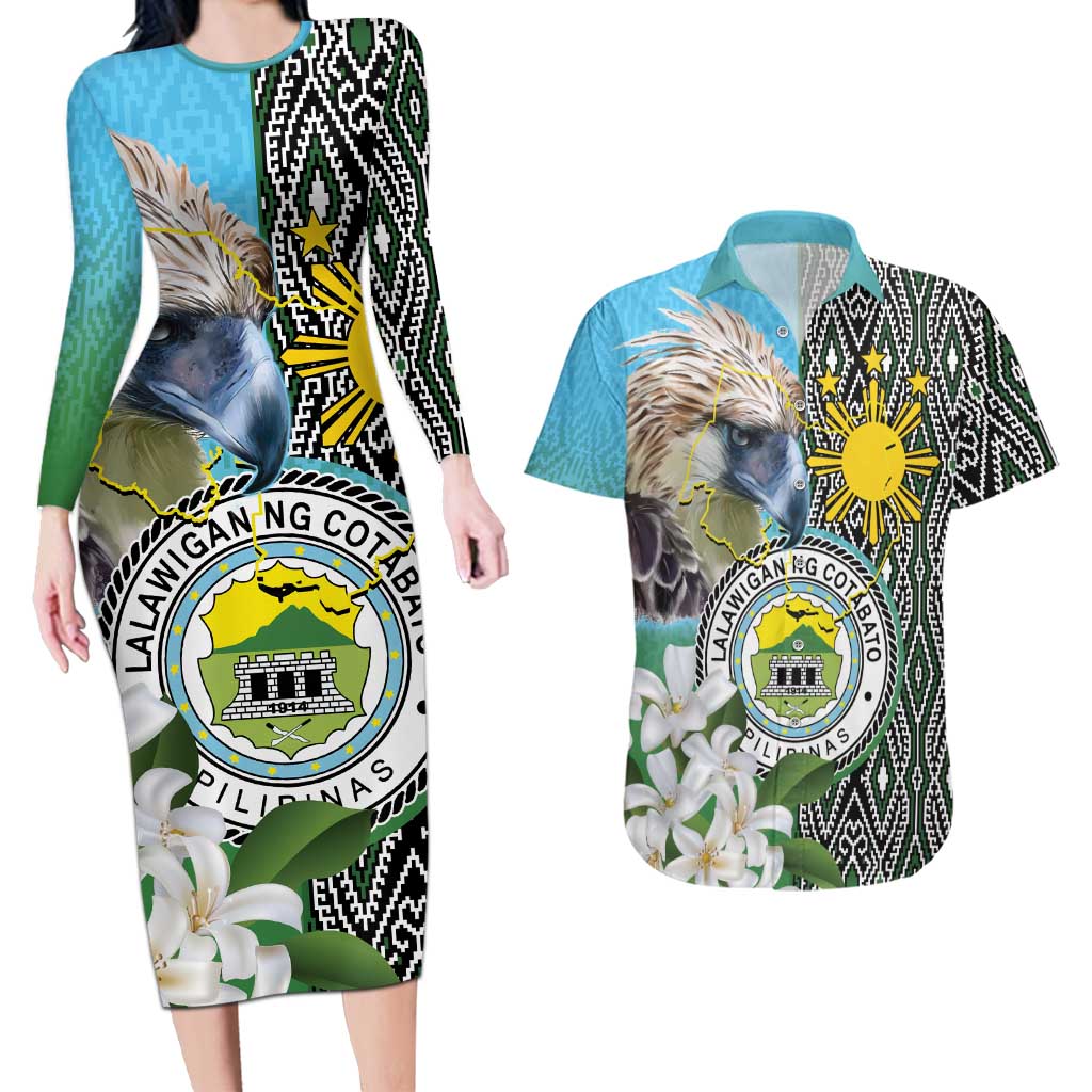 Cotabato Philippines Province Couples Matching Long Sleeve Bodycon Dress and Hawaiian Shirt Filipino Eagle Sampaguita Tinalak Pattern LT14 Blue - Polynesian Pride