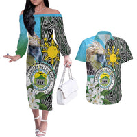 Cotabato Philippines Province Couples Matching Off The Shoulder Long Sleeve Dress and Hawaiian Shirt Filipino Eagle Sampaguita Tinalak Pattern LT14 Blue - Polynesian Pride