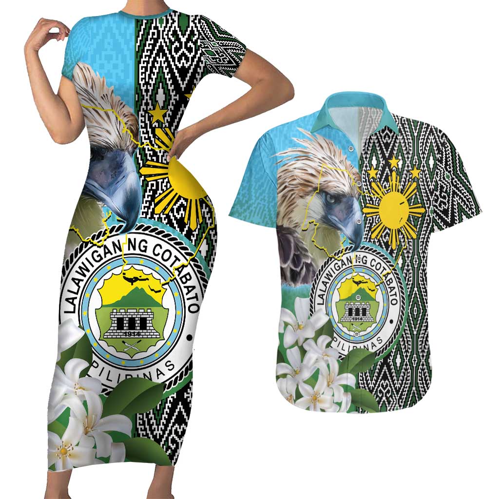 Cotabato Philippines Province Couples Matching Short Sleeve Bodycon Dress and Hawaiian Shirt Filipino Eagle Sampaguita Tinalak Pattern LT14 Blue - Polynesian Pride