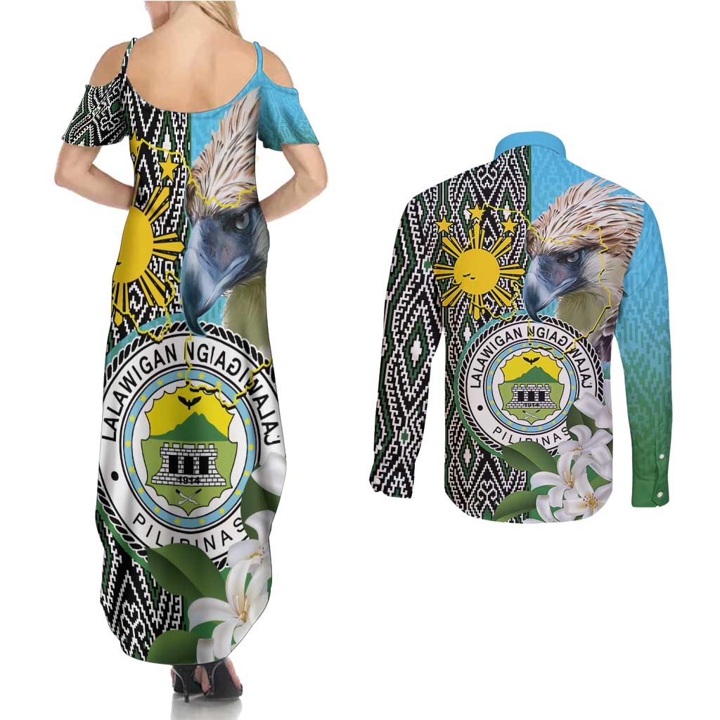 Cotabato Philippines Province Couples Matching Summer Maxi Dress and Long Sleeve Button Shirt Filipino Eagle Sampaguita Tinalak Pattern LT14 - Polynesian Pride