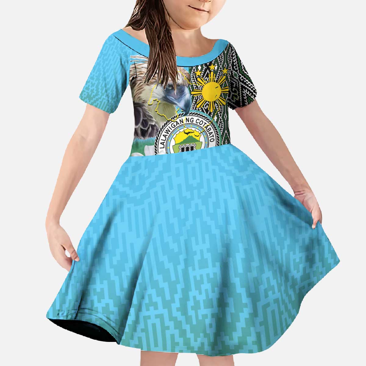 Cotabato Philippines Province Family Matching Off The Shoulder Long Sleeve Dress and Hawaiian Shirt Filipino Eagle Sampaguita Tinalak Pattern LT14 Daughter's Dress Blue - Polynesian Pride