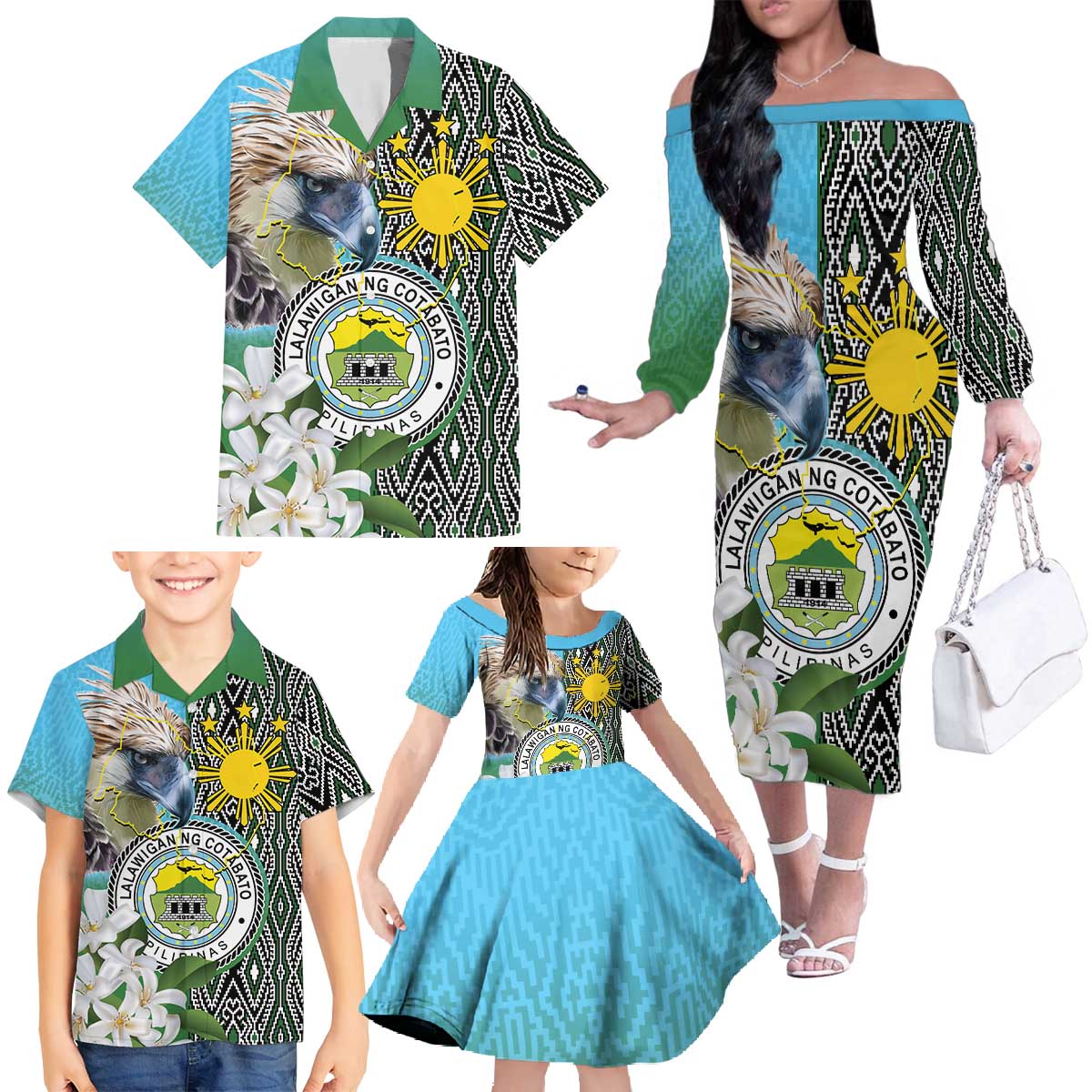 Cotabato Philippines Province Family Matching Off The Shoulder Long Sleeve Dress and Hawaiian Shirt Filipino Eagle Sampaguita Tinalak Pattern LT14 - Polynesian Pride