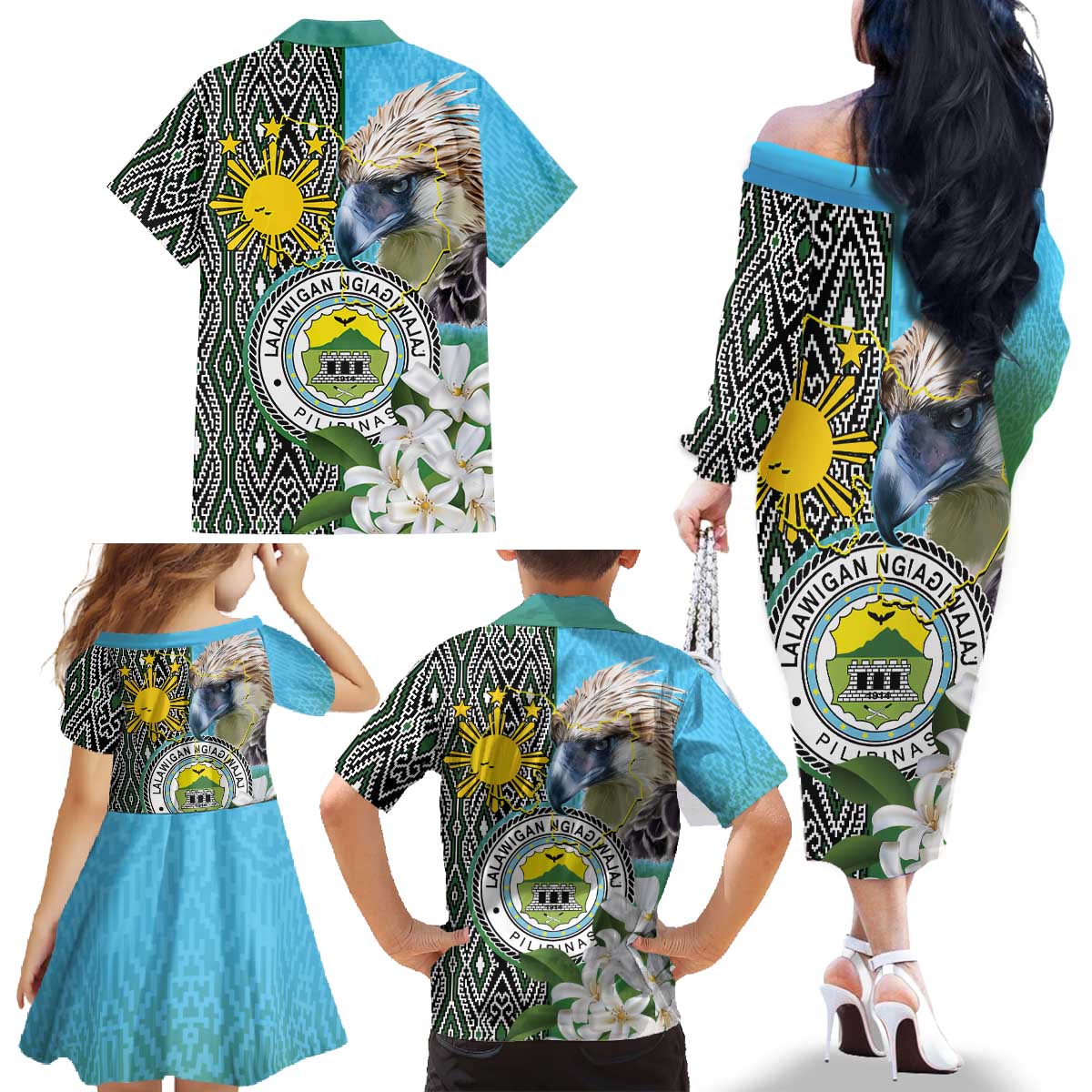Cotabato Philippines Province Family Matching Off The Shoulder Long Sleeve Dress and Hawaiian Shirt Filipino Eagle Sampaguita Tinalak Pattern LT14 - Polynesian Pride