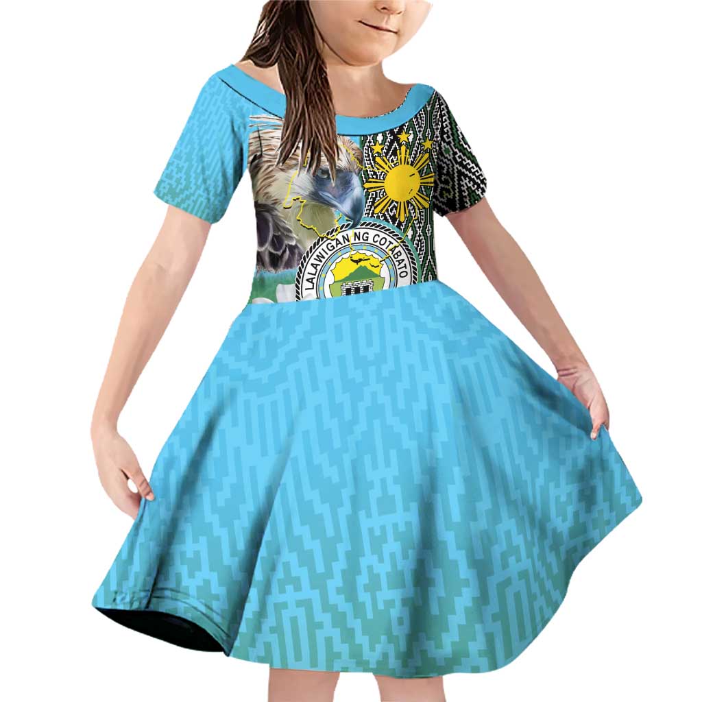 Cotabato Philippines Province Family Matching Off Shoulder Short Dress and Hawaiian Shirt Filipino Eagle Sampaguita Tinalak Pattern LT14 Daughter's Dress Blue - Polynesian Pride