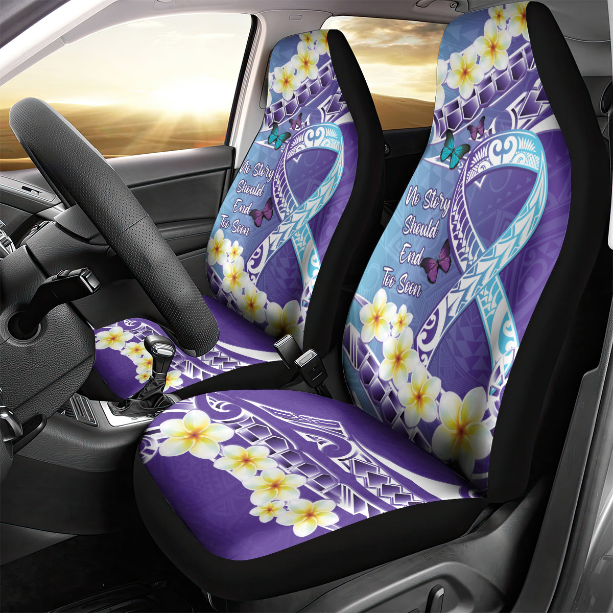 No Story Should End Too Soon Suicide Awareness Car Seat Cover Purple And Teal Polynesian Ribbon LT14 - Polynesian Pride