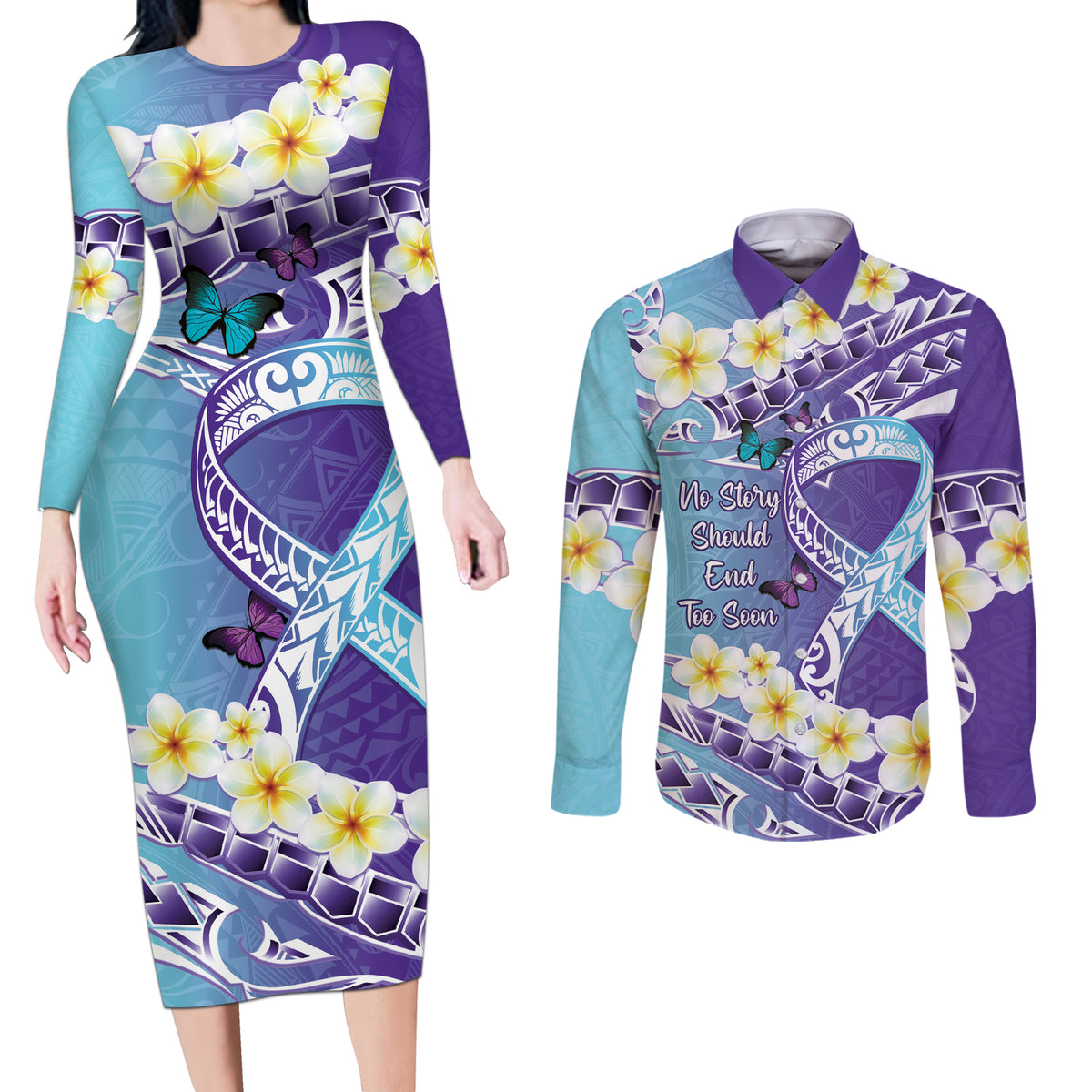 No Story Should End Too Soon Suicide Awareness Couples Matching Long Sleeve Bodycon Dress and Long Sleeve Button Shirt Purple And Teal Polynesian Ribbon LT14 Purple - Polynesian Pride