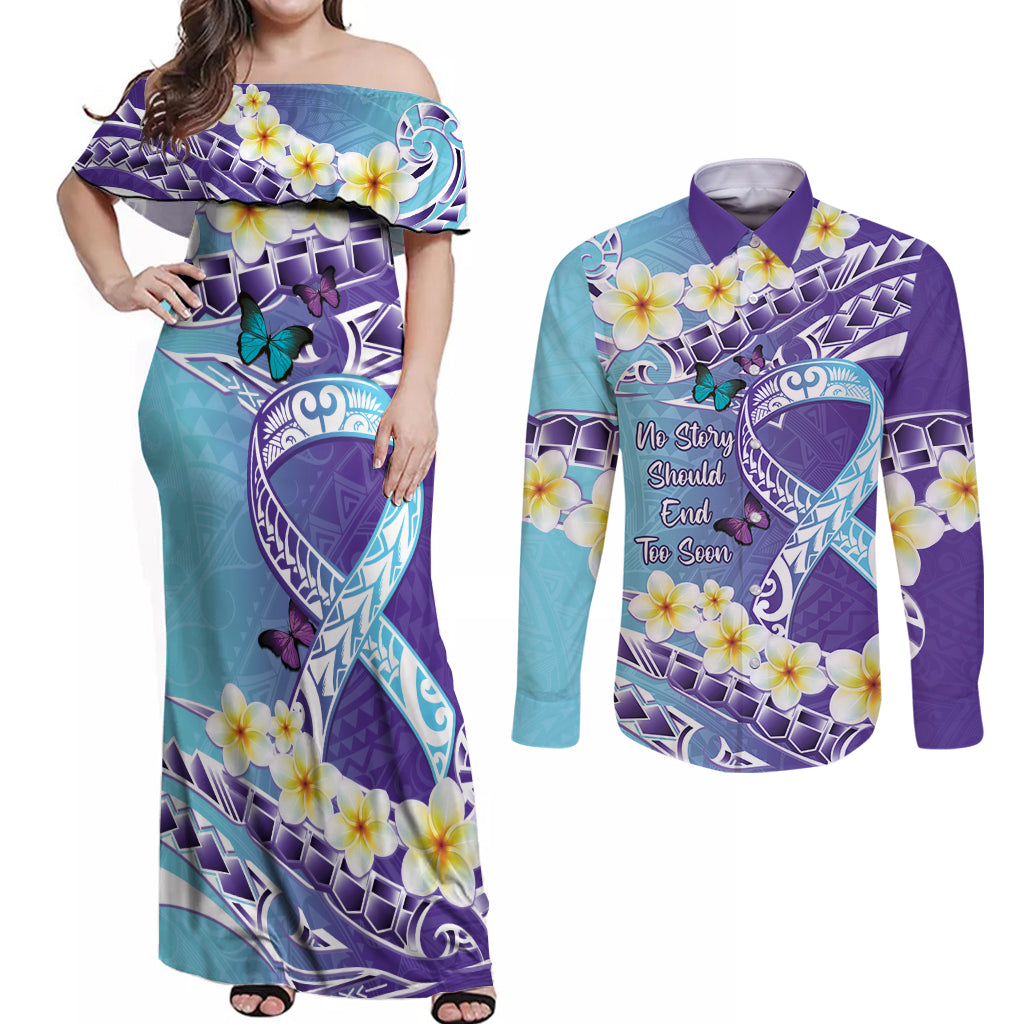 No Story Should End Too Soon Suicide Awareness Couples Matching Off Shoulder Maxi Dress and Long Sleeve Button Shirt Purple And Teal Polynesian Ribbon LT14 Purple - Polynesian Pride