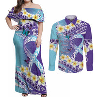 No Story Should End Too Soon Suicide Awareness Couples Matching Off Shoulder Maxi Dress and Long Sleeve Button Shirt Purple And Teal Polynesian Ribbon LT14 Purple - Polynesian Pride