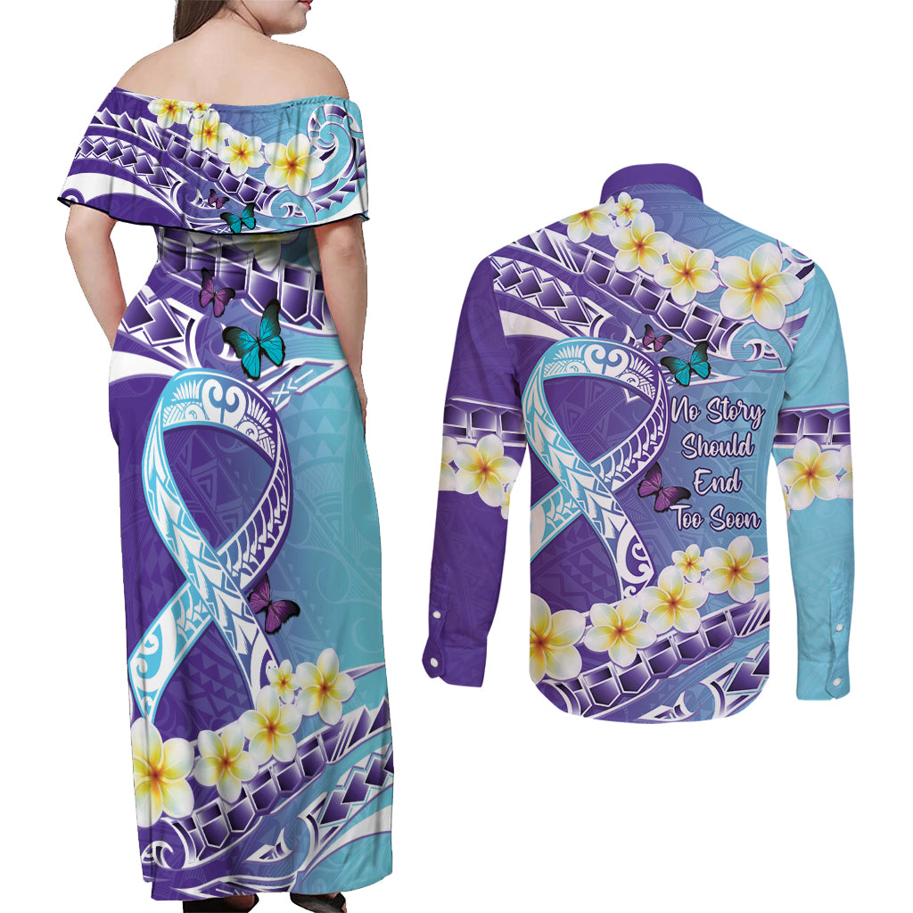 No Story Should End Too Soon Suicide Awareness Couples Matching Off Shoulder Maxi Dress and Long Sleeve Button Shirt Purple And Teal Polynesian Ribbon LT14 - Polynesian Pride
