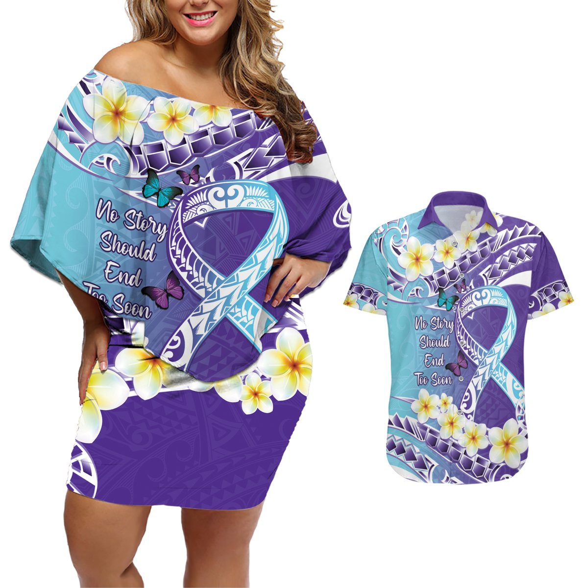No Story Should End Too Soon Suicide Awareness Couples Matching Off Shoulder Short Dress and Hawaiian Shirt Purple And Teal Polynesian Ribbon LT14 Purple - Polynesian Pride