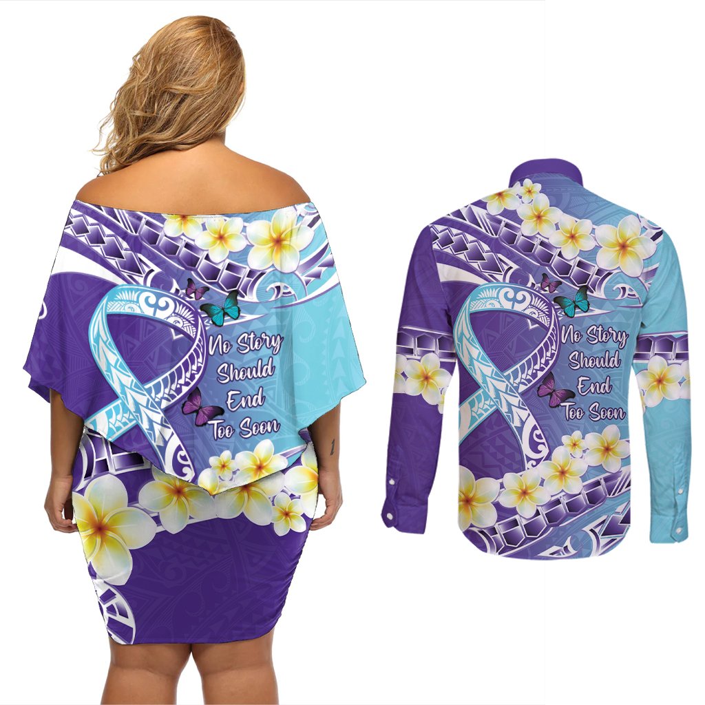 No Story Should End Too Soon Suicide Awareness Couples Matching Off Shoulder Short Dress and Long Sleeve Button Shirt Purple And Teal Polynesian Ribbon LT14 - Polynesian Pride