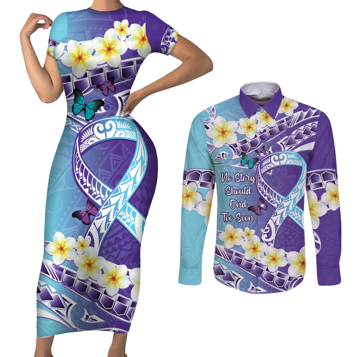 No Story Should End Too Soon Suicide Awareness Couples Matching Short Sleeve Bodycon Dress and Long Sleeve Button Shirt Purple And Teal Polynesian Ribbon LT14 Purple - Polynesian Pride