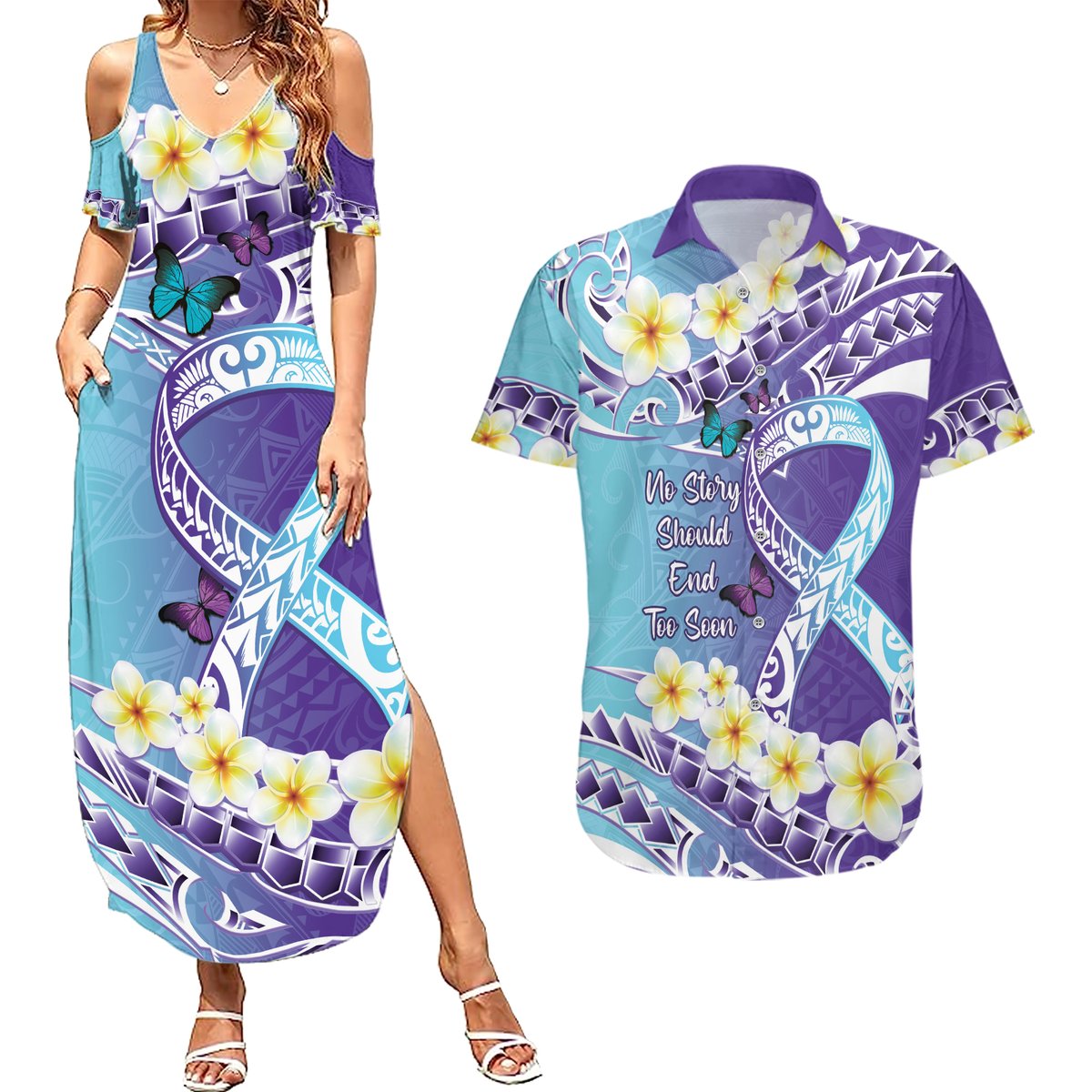 No Story Should End Too Soon Suicide Awareness Couples Matching Summer Maxi Dress and Hawaiian Shirt Purple And Teal Polynesian Ribbon LT14 Purple - Polynesian Pride