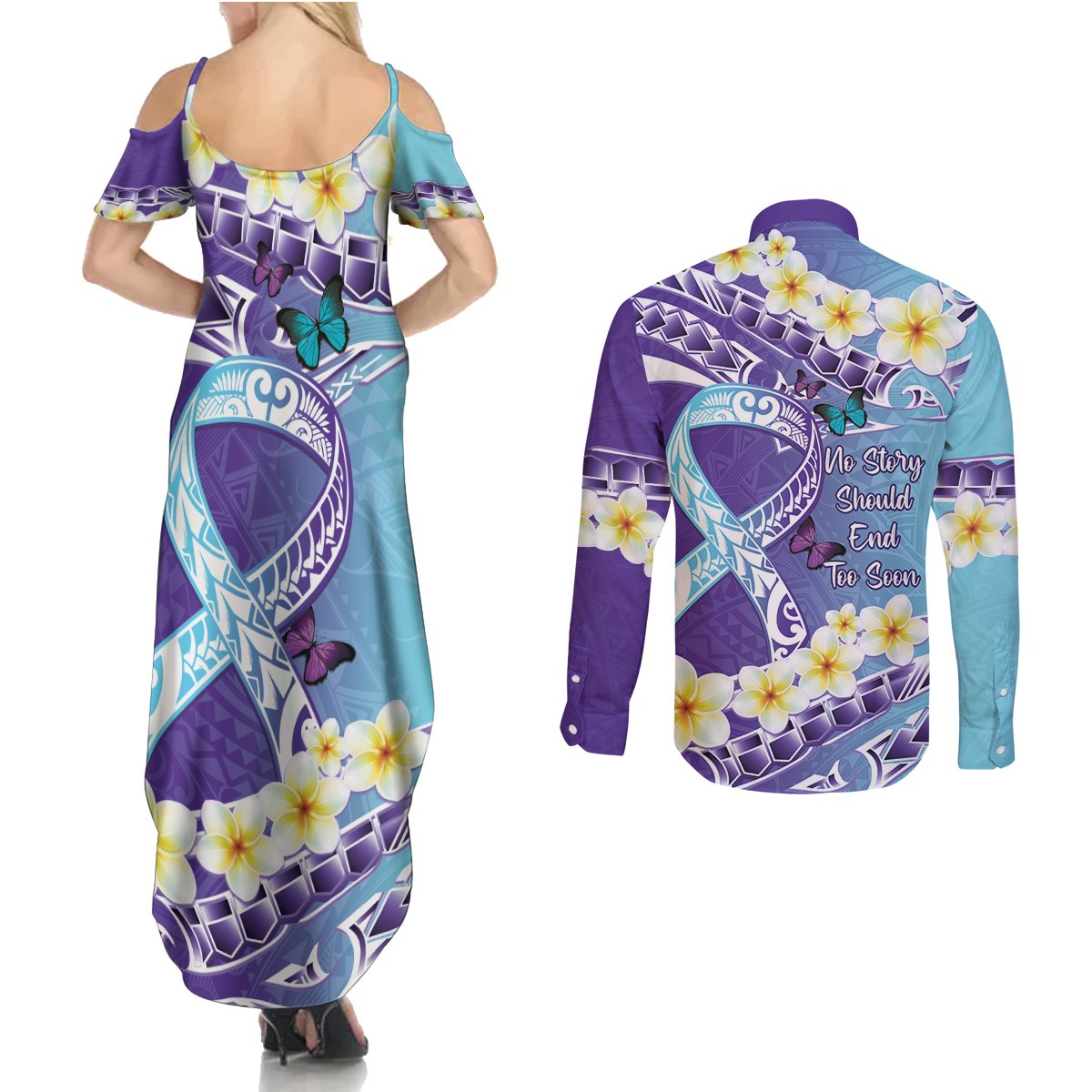 No Story Should End Too Soon Suicide Awareness Couples Matching Summer Maxi Dress and Long Sleeve Button Shirt Purple And Teal Polynesian Ribbon LT14 - Polynesian Pride