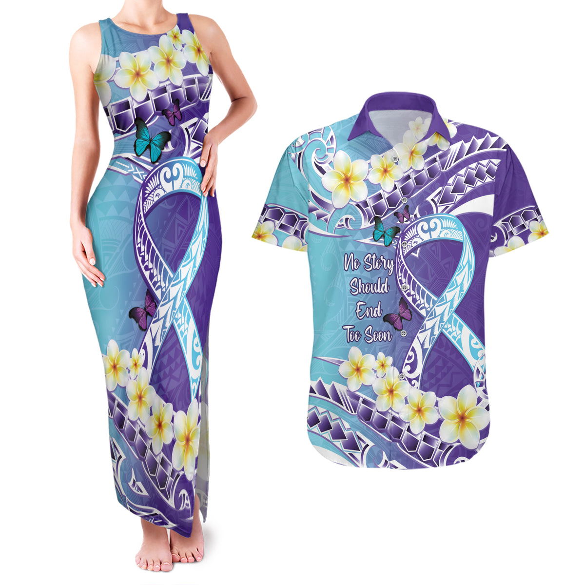 No Story Should End Too Soon Suicide Awareness Couples Matching Tank Maxi Dress and Hawaiian Shirt Purple And Teal Polynesian Ribbon LT14 Purple - Polynesian Pride