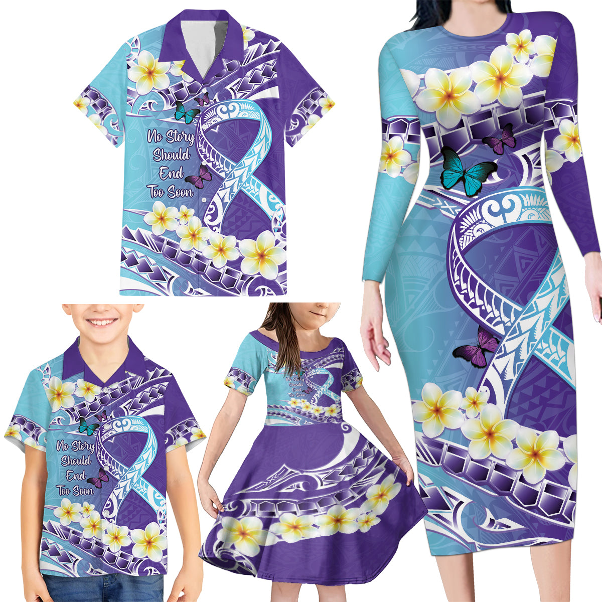 No Story Should End Too Soon Suicide Awareness Family Matching Long Sleeve Bodycon Dress and Hawaiian Shirt Purple And Teal Polynesian Ribbon LT14 - Polynesian Pride