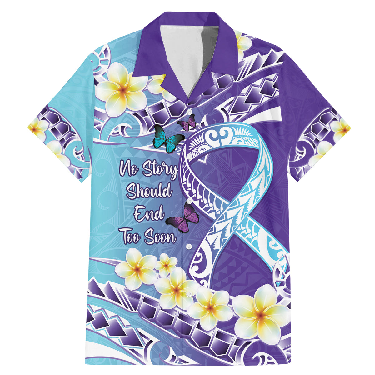 No Story Should End Too Soon Suicide Awareness Family Matching Mermaid Dress and Hawaiian Shirt Purple And Teal Polynesian Ribbon LT14 Dad's Shirt - Short Sleeve Purple - Polynesian Pride