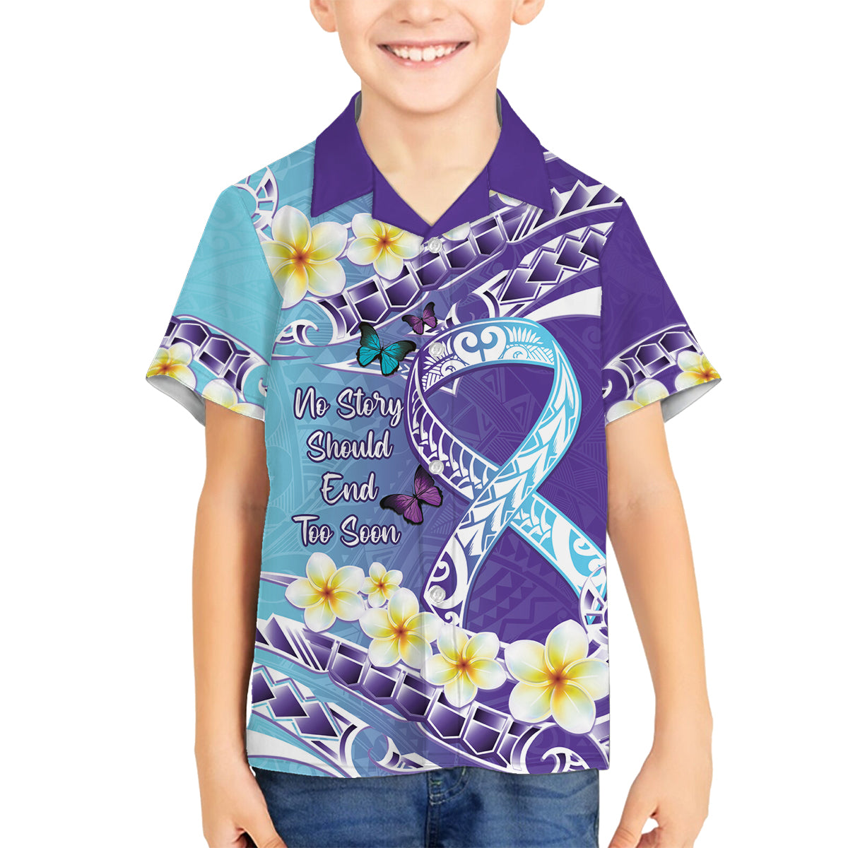 No Story Should End Too Soon Suicide Awareness Family Matching Off The Shoulder Long Sleeve Dress and Hawaiian Shirt Purple And Teal Polynesian Ribbon LT14 Son's Shirt Purple - Polynesian Pride