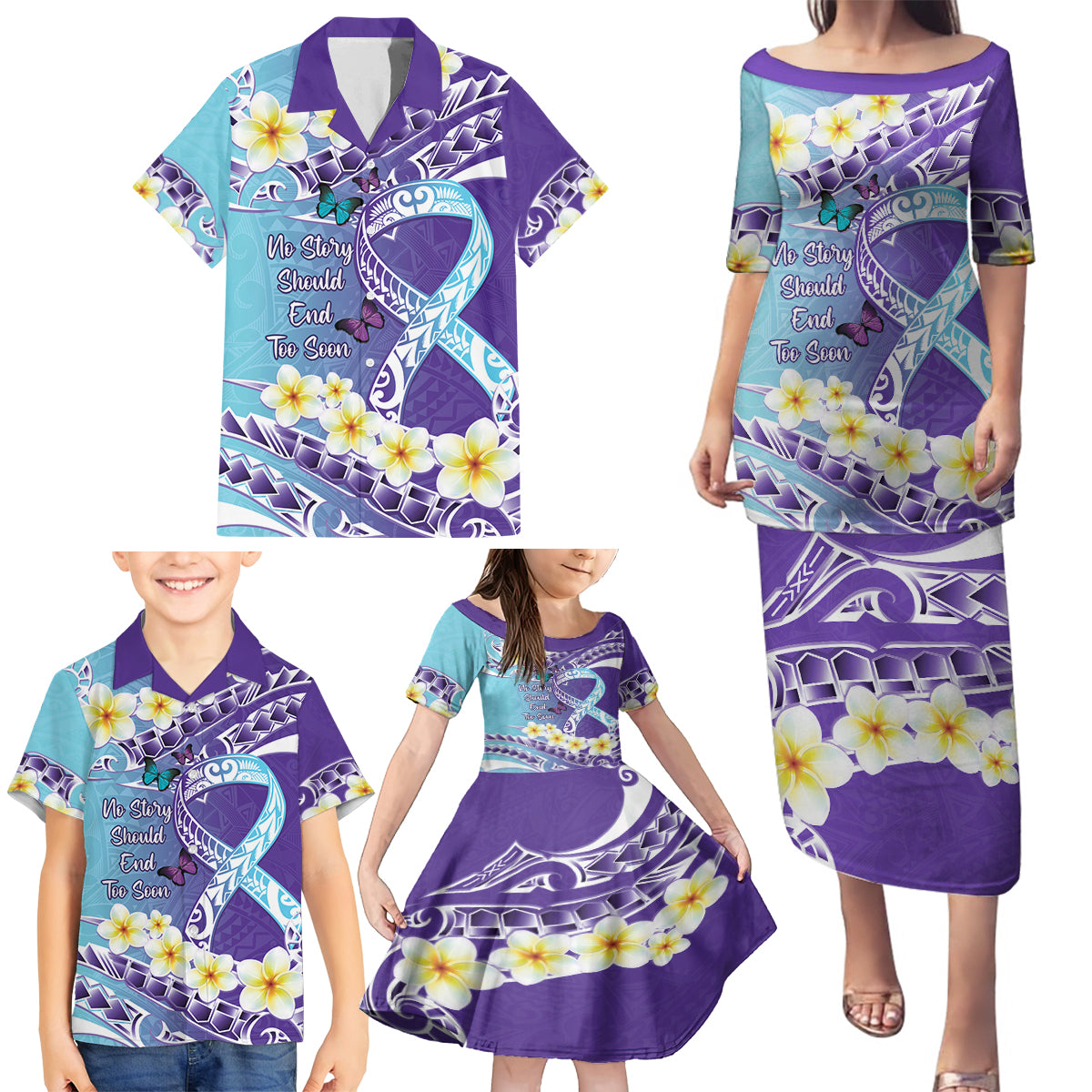 No Story Should End Too Soon Suicide Awareness Family Matching Puletasi and Hawaiian Shirt Purple And Teal Polynesian Ribbon LT14 - Polynesian Pride