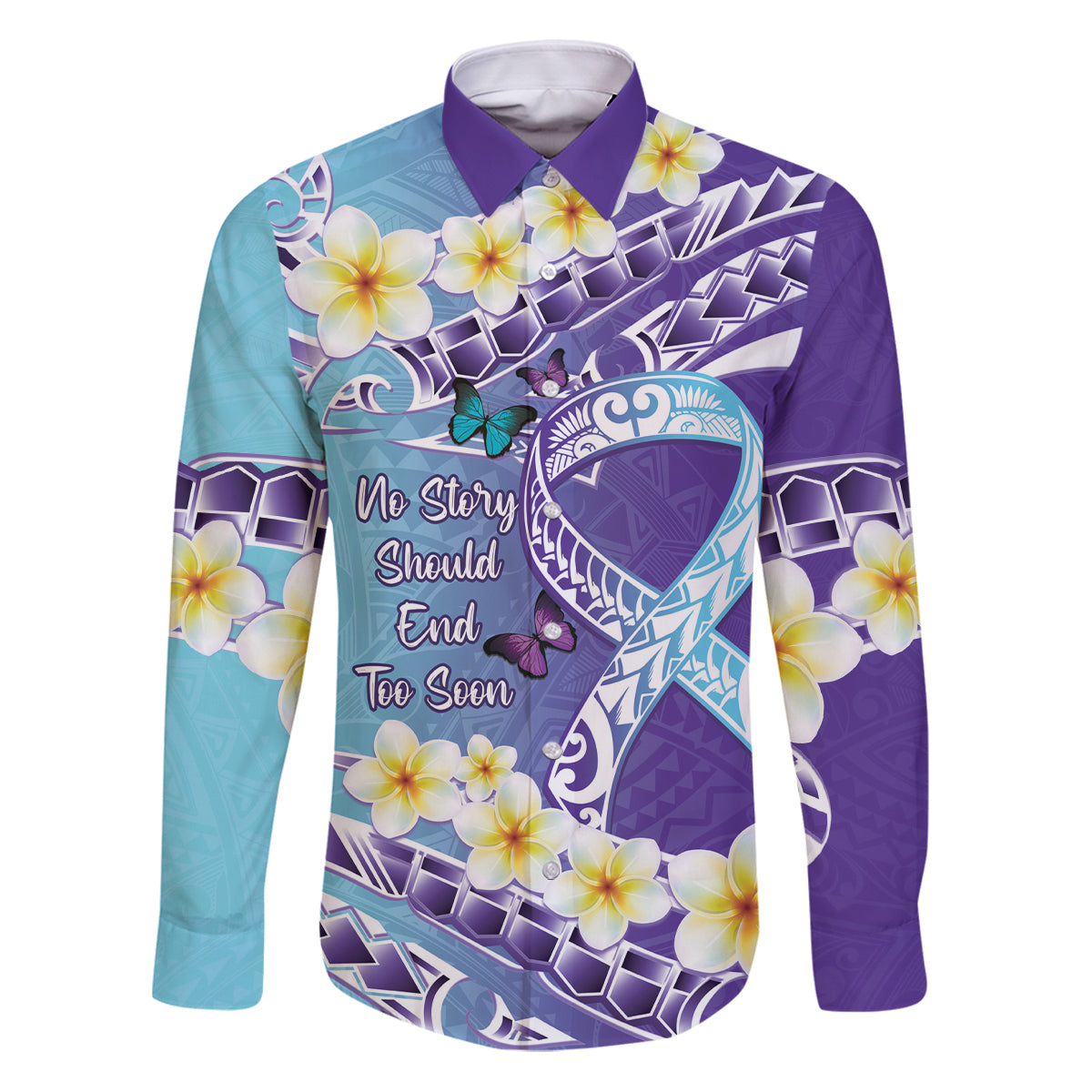 No Story Should End Too Soon Suicide Awareness Family Matching Puletasi and Hawaiian Shirt Purple And Teal Polynesian Ribbon LT14 Dad's Shirt - Long Sleeve Purple - Polynesian Pride