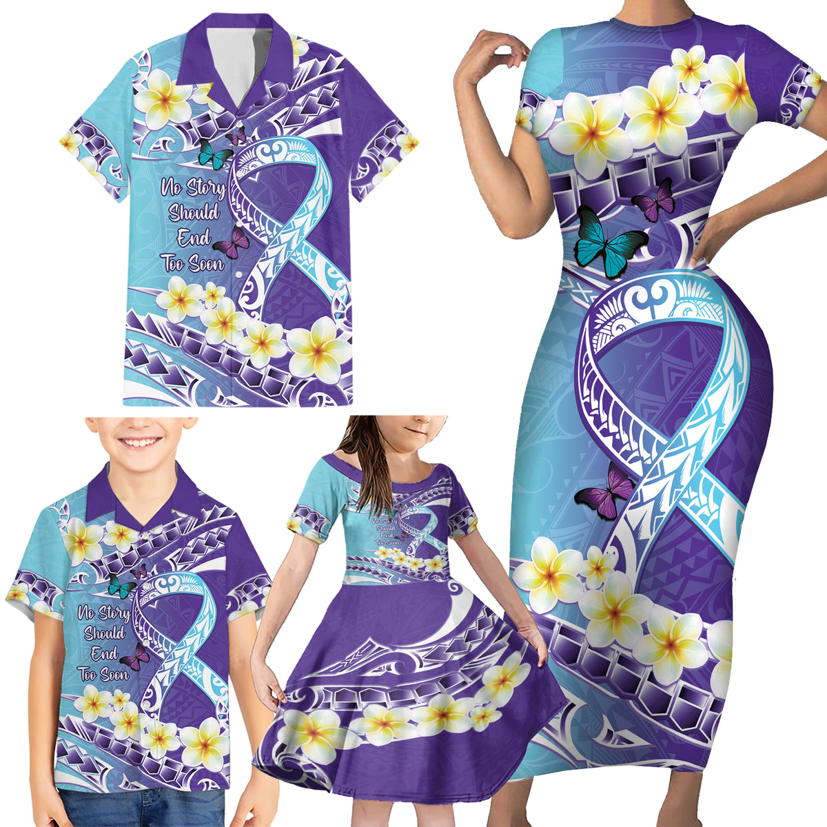 No Story Should End Too Soon Suicide Awareness Family Matching Short Sleeve Bodycon Dress and Hawaiian Shirt Purple And Teal Polynesian Ribbon LT14 - Polynesian Pride