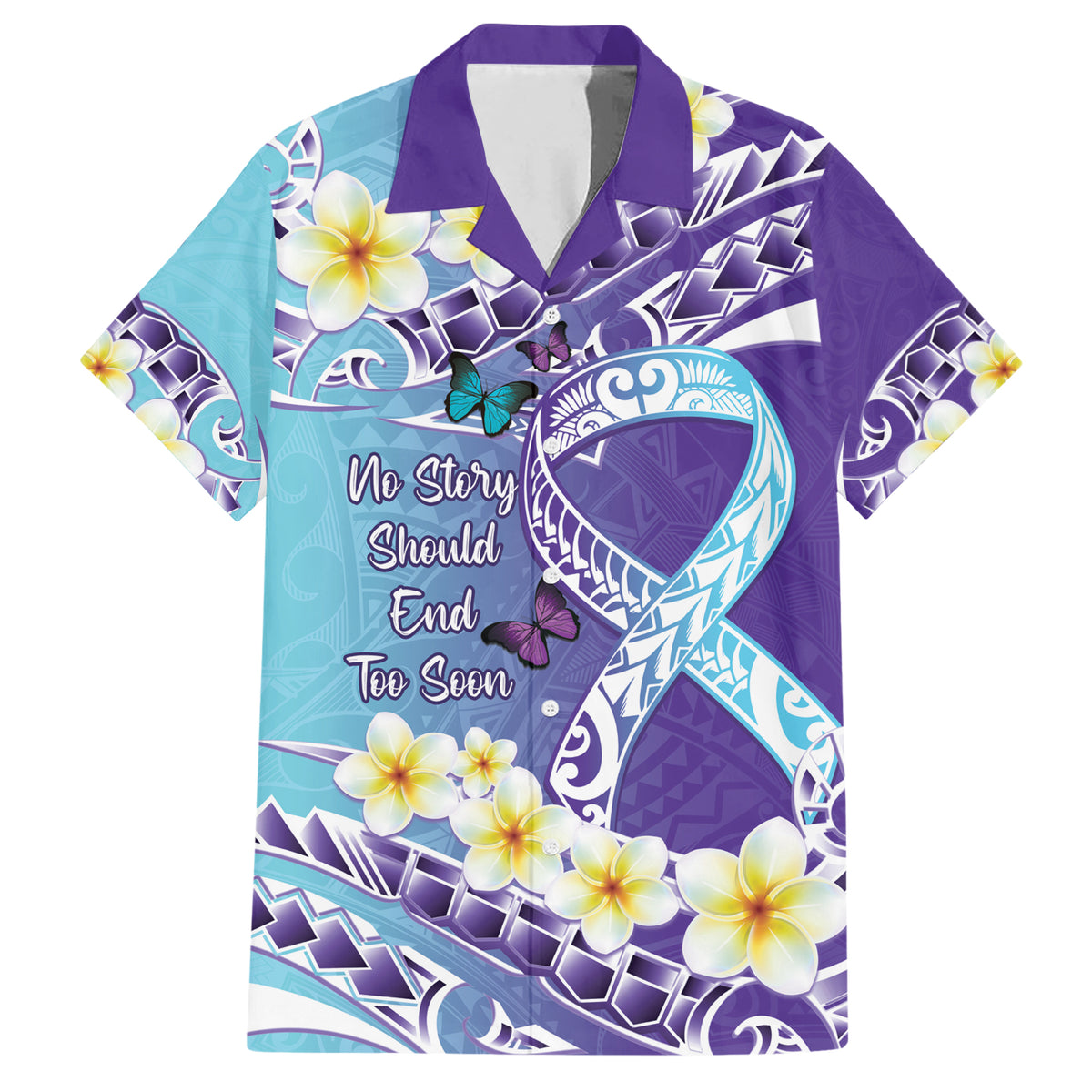 No Story Should End Too Soon Suicide Awareness Family Matching Short Sleeve Bodycon Dress and Hawaiian Shirt Purple And Teal Polynesian Ribbon LT14 Dad's Shirt - Short Sleeve Purple - Polynesian Pride