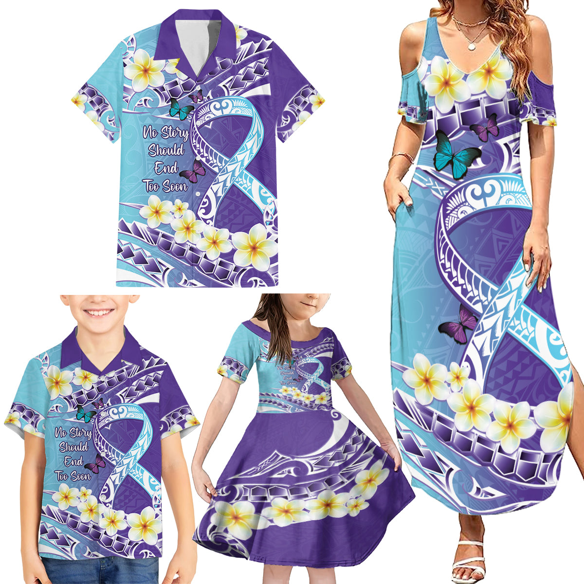 No Story Should End Too Soon Suicide Awareness Family Matching Summer Maxi Dress and Hawaiian Shirt Purple And Teal Polynesian Ribbon LT14 - Polynesian Pride