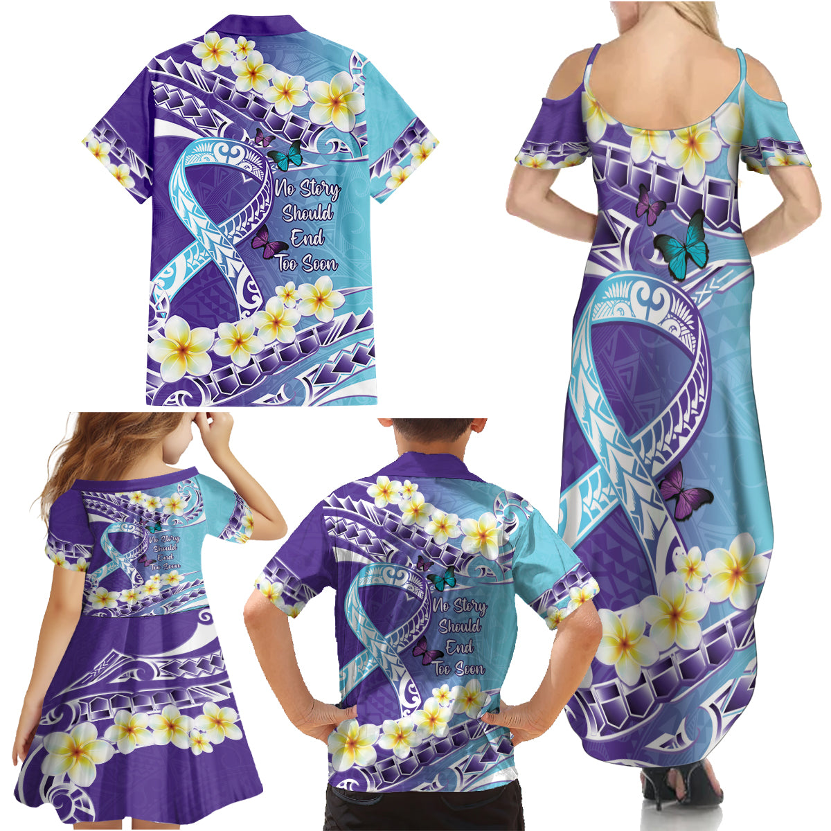 No Story Should End Too Soon Suicide Awareness Family Matching Summer Maxi Dress and Hawaiian Shirt Purple And Teal Polynesian Ribbon LT14 - Polynesian Pride