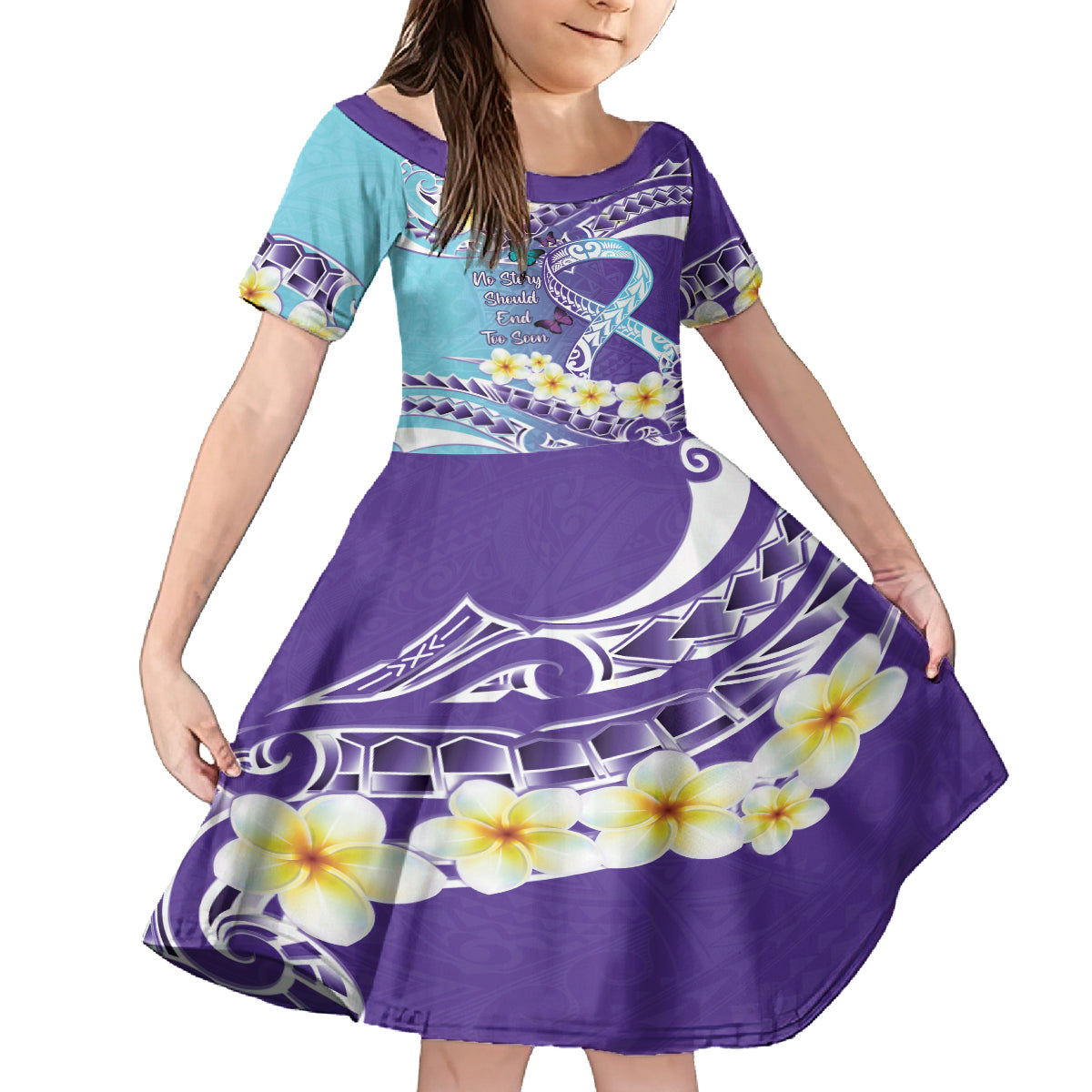No Story Should End Too Soon Suicide Awareness Family Matching Tank Maxi Dress and Hawaiian Shirt Purple And Teal Polynesian Ribbon LT14 Daughter's Dress Purple - Polynesian Pride