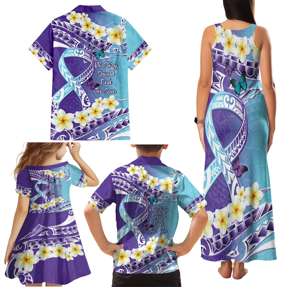 No Story Should End Too Soon Suicide Awareness Family Matching Tank Maxi Dress and Hawaiian Shirt Purple And Teal Polynesian Ribbon LT14 - Polynesian Pride