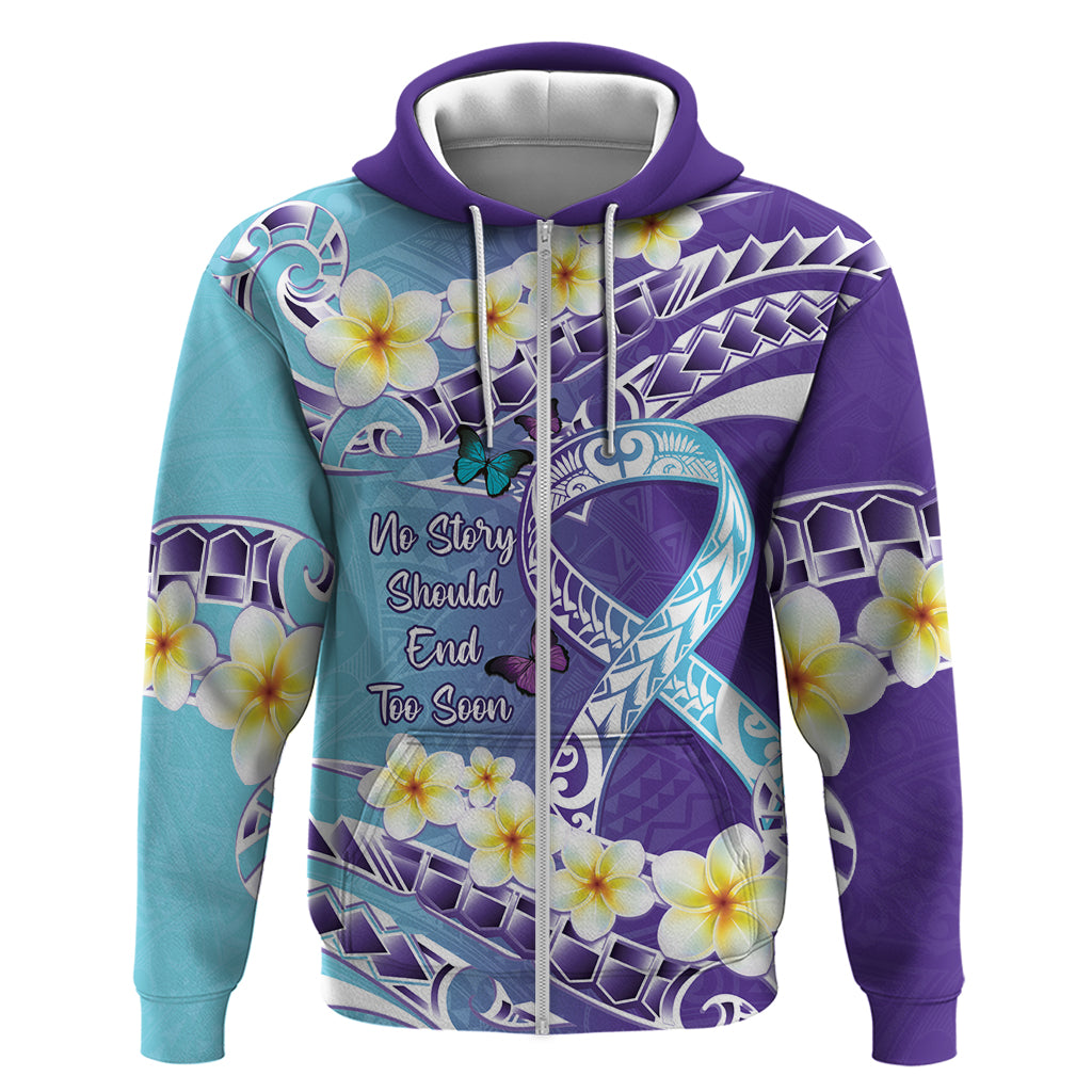 No Story Should End Too Soon Suicide Awareness Hoodie Purple And Teal Polynesian Ribbon LT14 Zip Hoodie Purple - Polynesian Pride