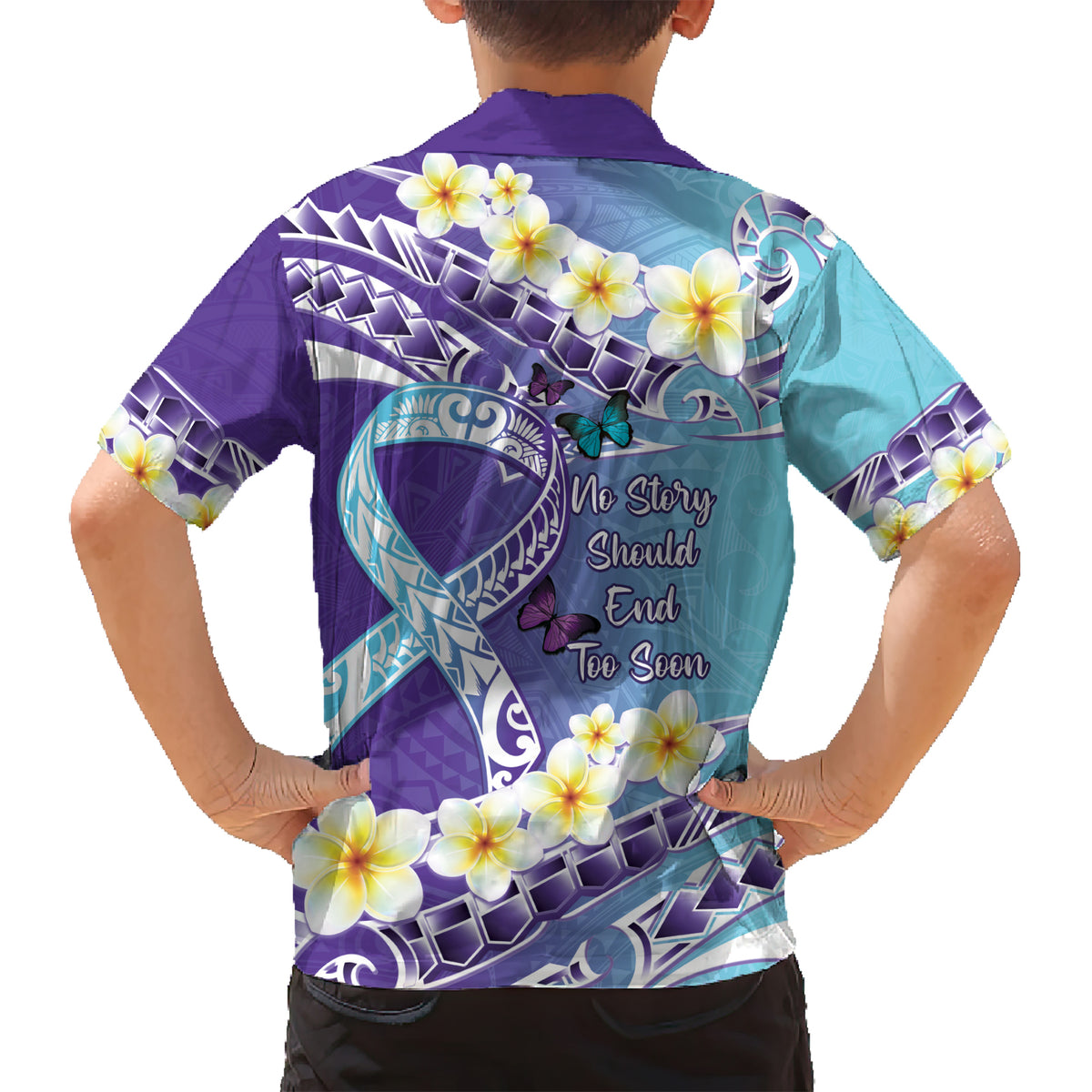 No Story Should End Too Soon Suicide Awareness Kid Hawaiian Shirt Purple And Teal Polynesian Ribbon LT14 - Polynesian Pride