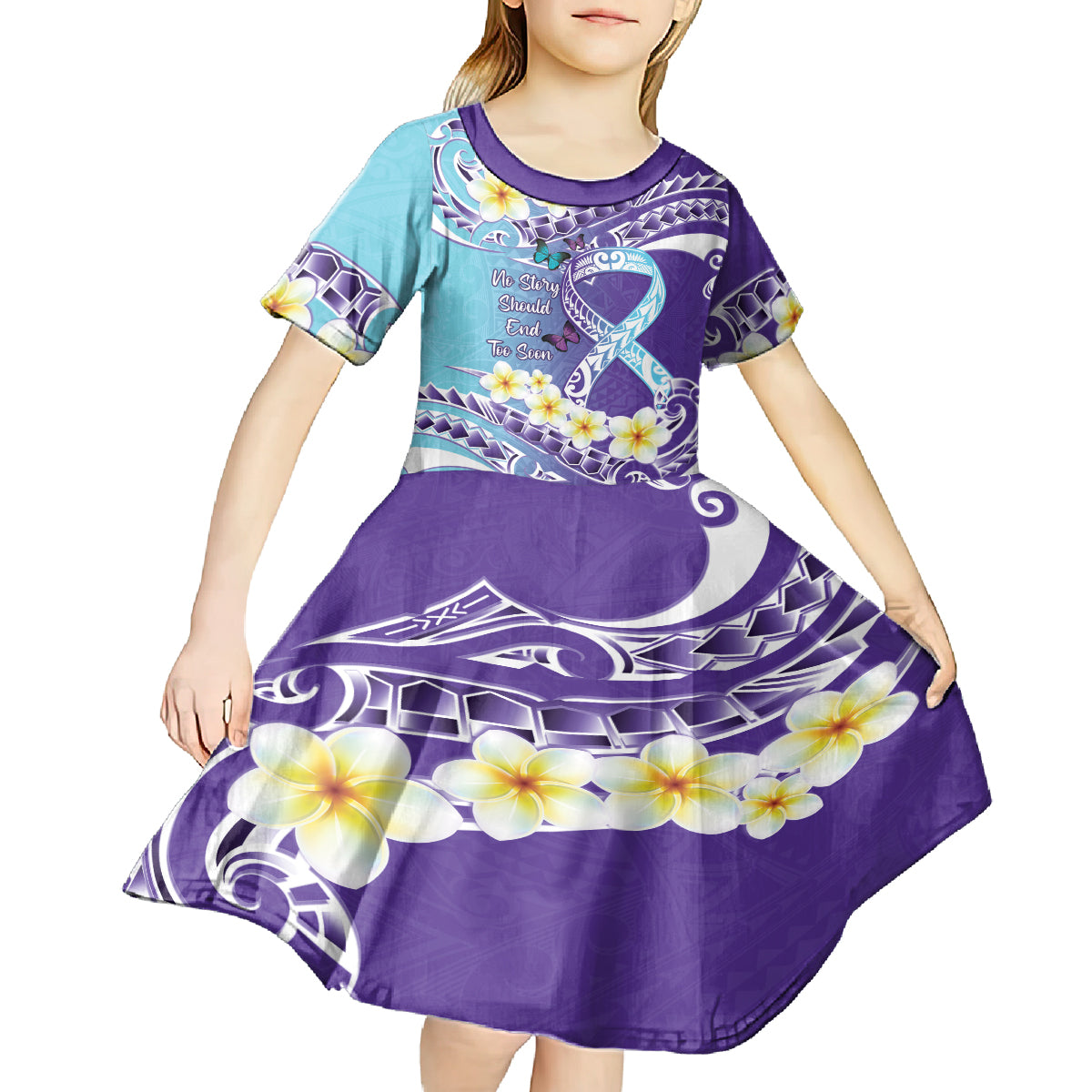 No Story Should End Too Soon Suicide Awareness Kid Short Sleeve Dress Purple And Teal Polynesian Ribbon LT14 - Polynesian Pride